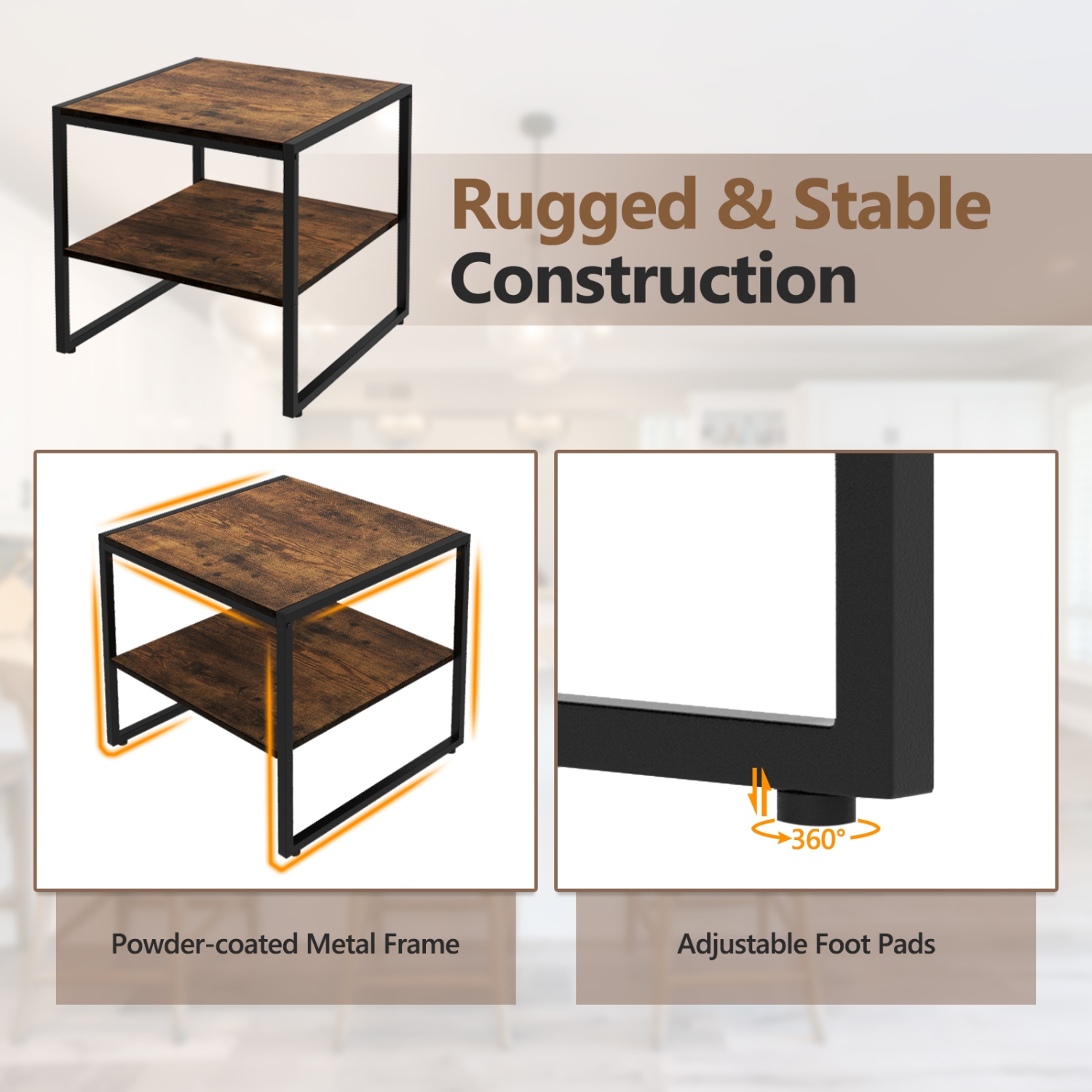 Topbuy Square End Table Set of 2 2-tier Side Table with Open Shelf Metal Frame Industrial Tea Table Beside Sofa & Bed Compact Nightstand for Small