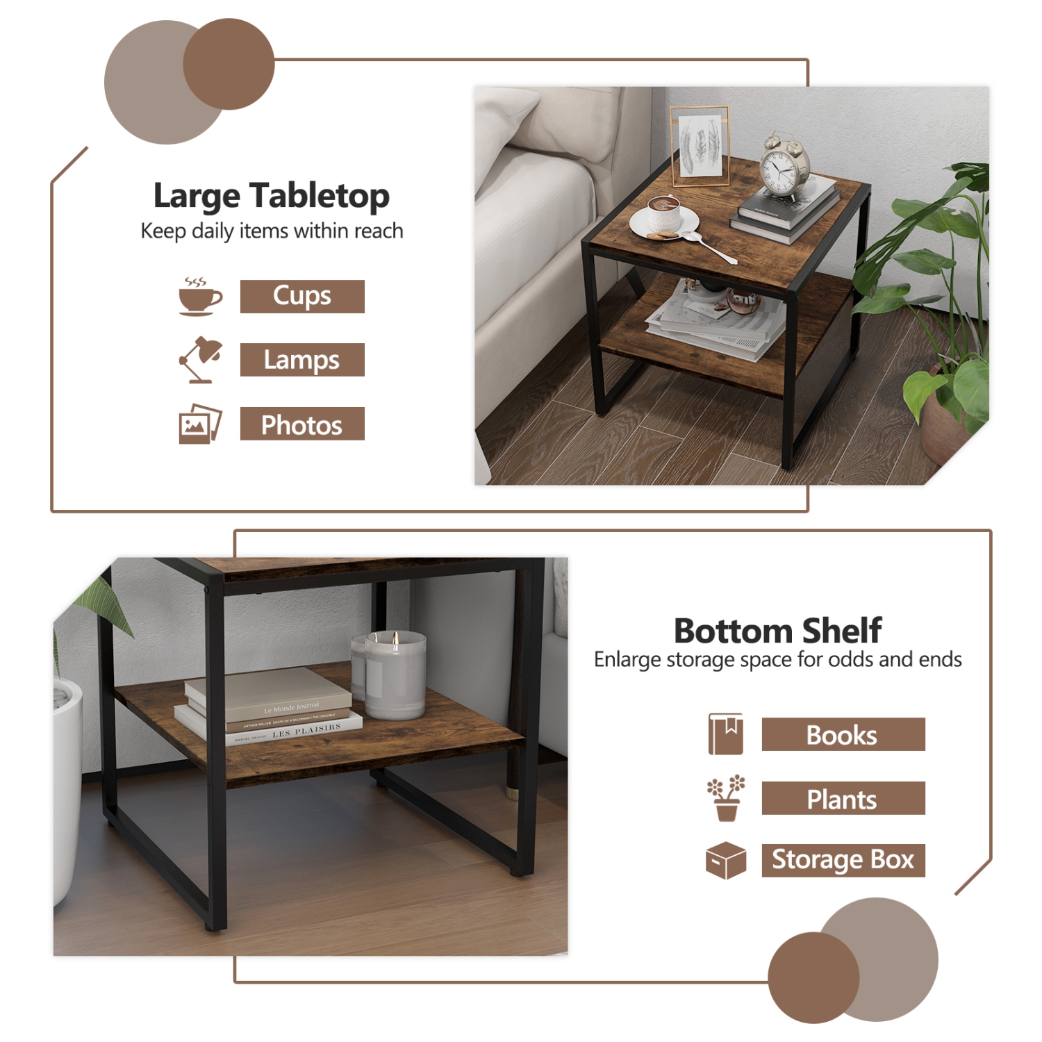 Topbuy Square End Table Set of 2 2-tier Side Table with Open Shelf Metal Frame Industrial Tea Table Beside Sofa & Bed Compact Nightstand for Small