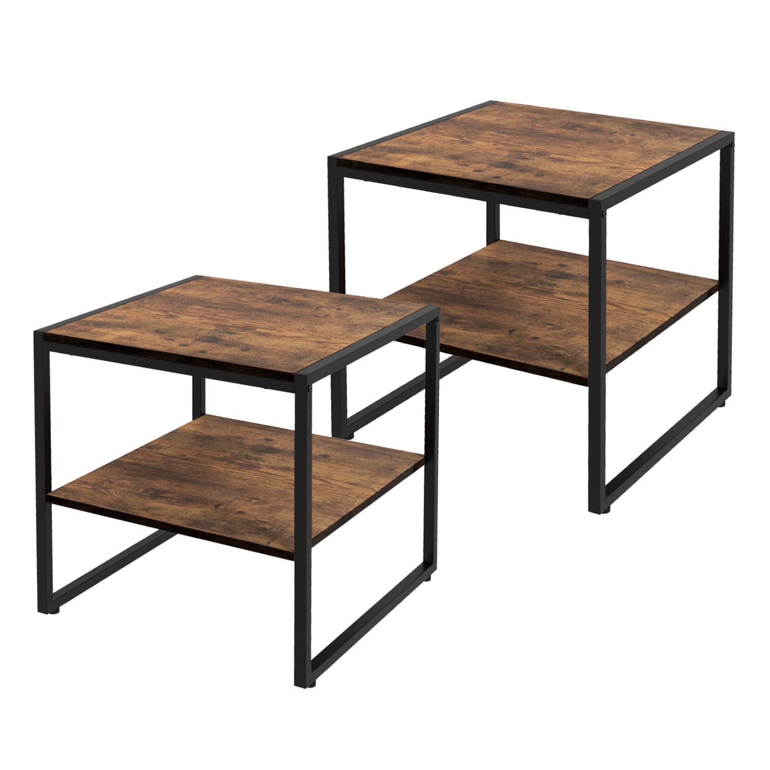Topbuy Square End Table Set of 2 2-tier Side Table with Open Shelf Metal Frame Industrial Tea Table Beside Sofa & Bed Compact Nightstand for Small