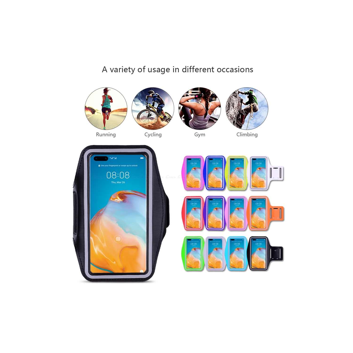 Brassard pour téléphone cellulaire jusqu’à 6.2 po, bracelet ajustable, porte-clés et fente pour carte, pour courir