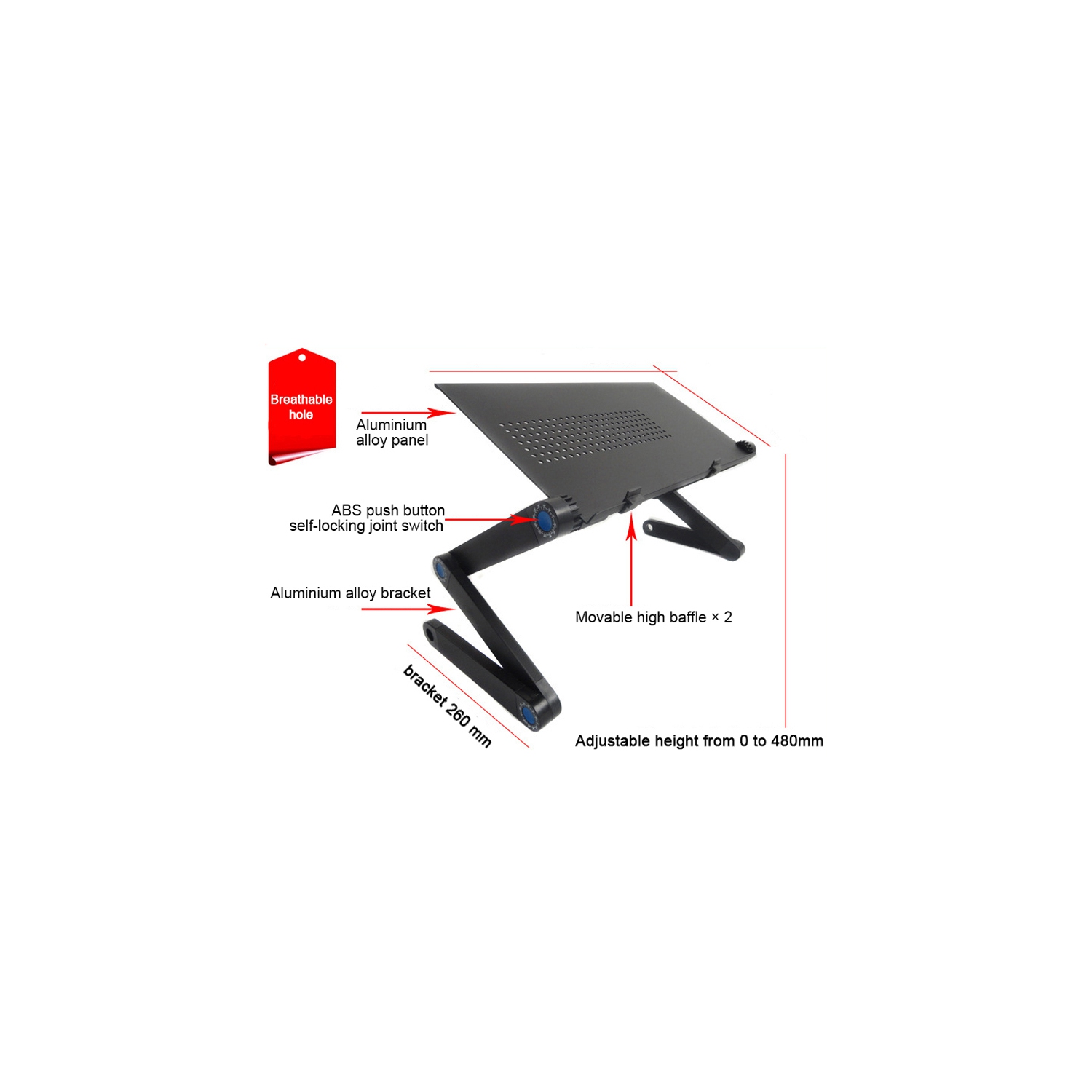 Adjustable Standing Laptop Desk Stand Table Portable Aluminum Lap Riser Holder with Dual-Cooling Fans for Bed Couch Sofa