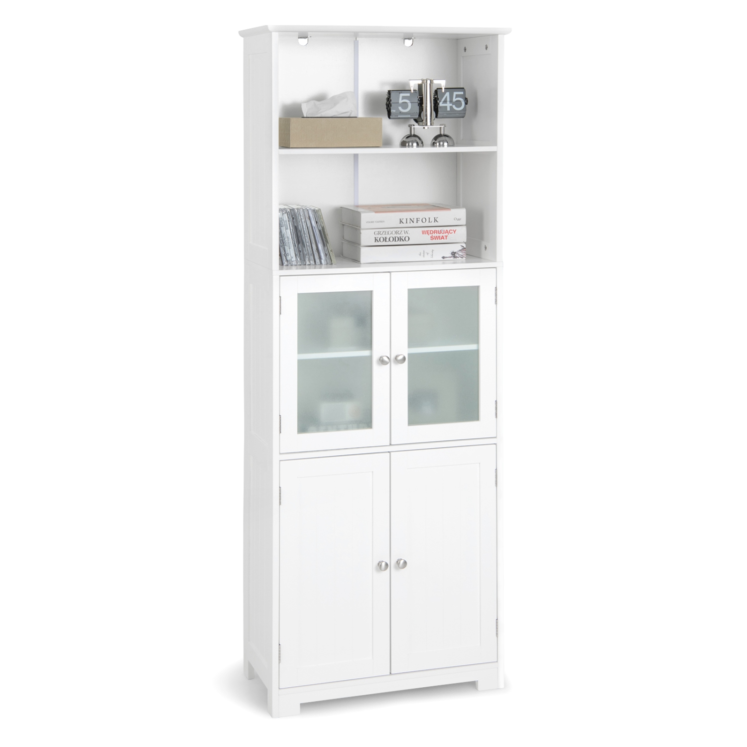 Gymax Bathroom Tall Storage Cabinet Linen Tower w/ Glass Door & Adjustable Shelf