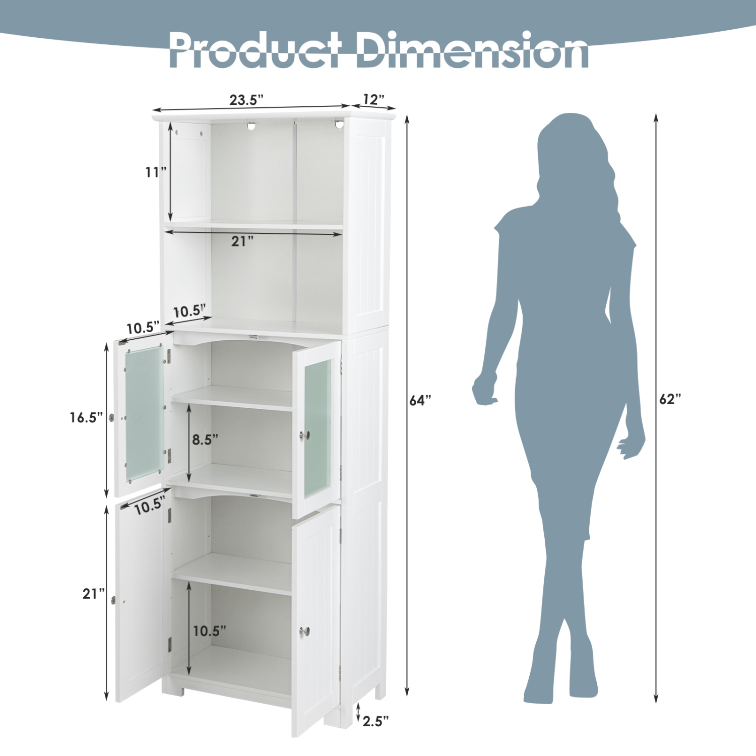 Gymax Bathroom Tall Storage Cabinet Linen Tower w/ Glass Door & Adjustable Shelf