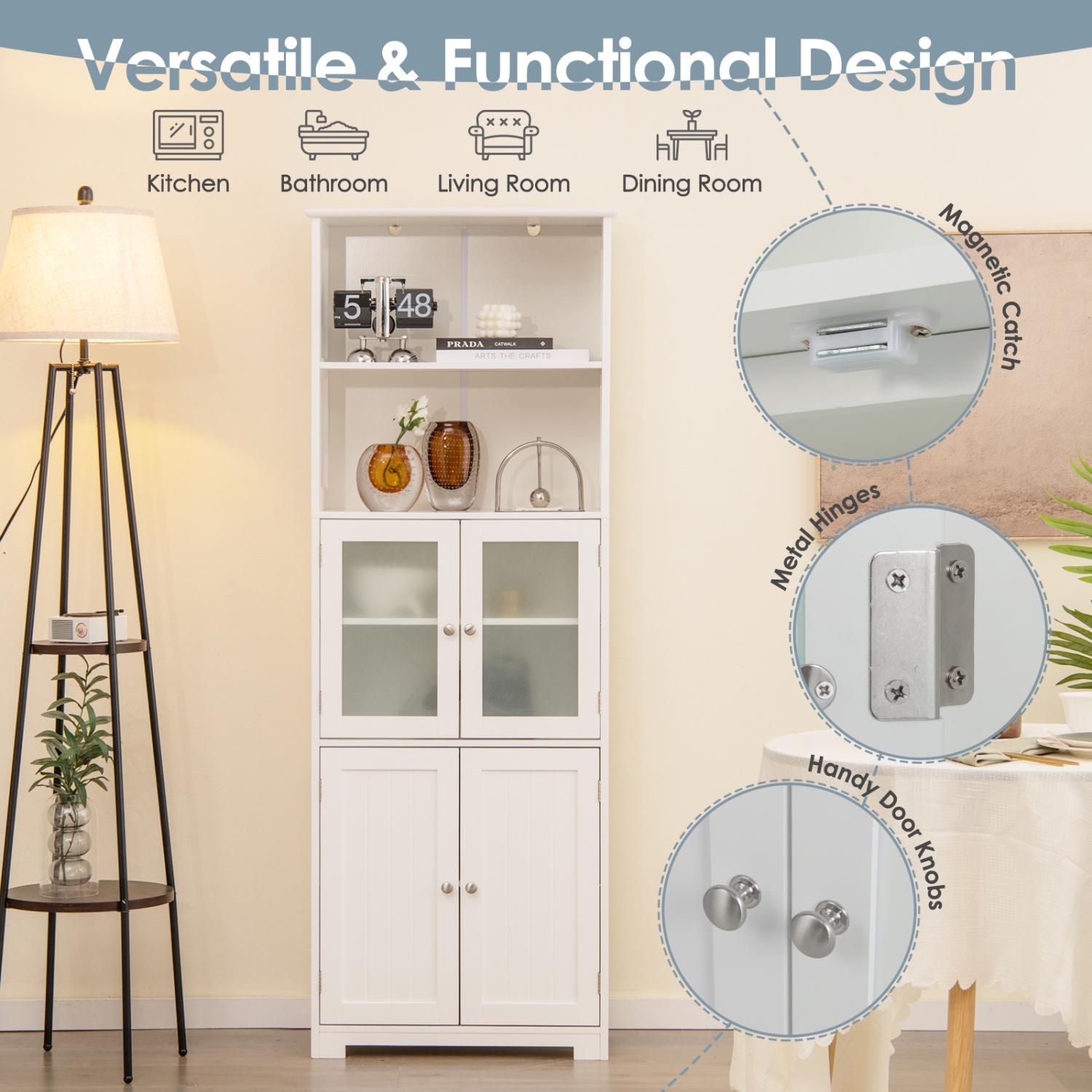 Gymax Bathroom Tall Storage Cabinet Linen Tower w/ Glass Door & Adjustable Shelf