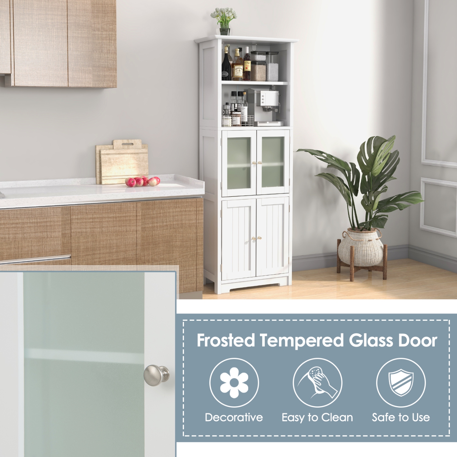 Gymax Bathroom Tall Storage Cabinet Linen Tower w/ Glass Door & Adjustable Shelf