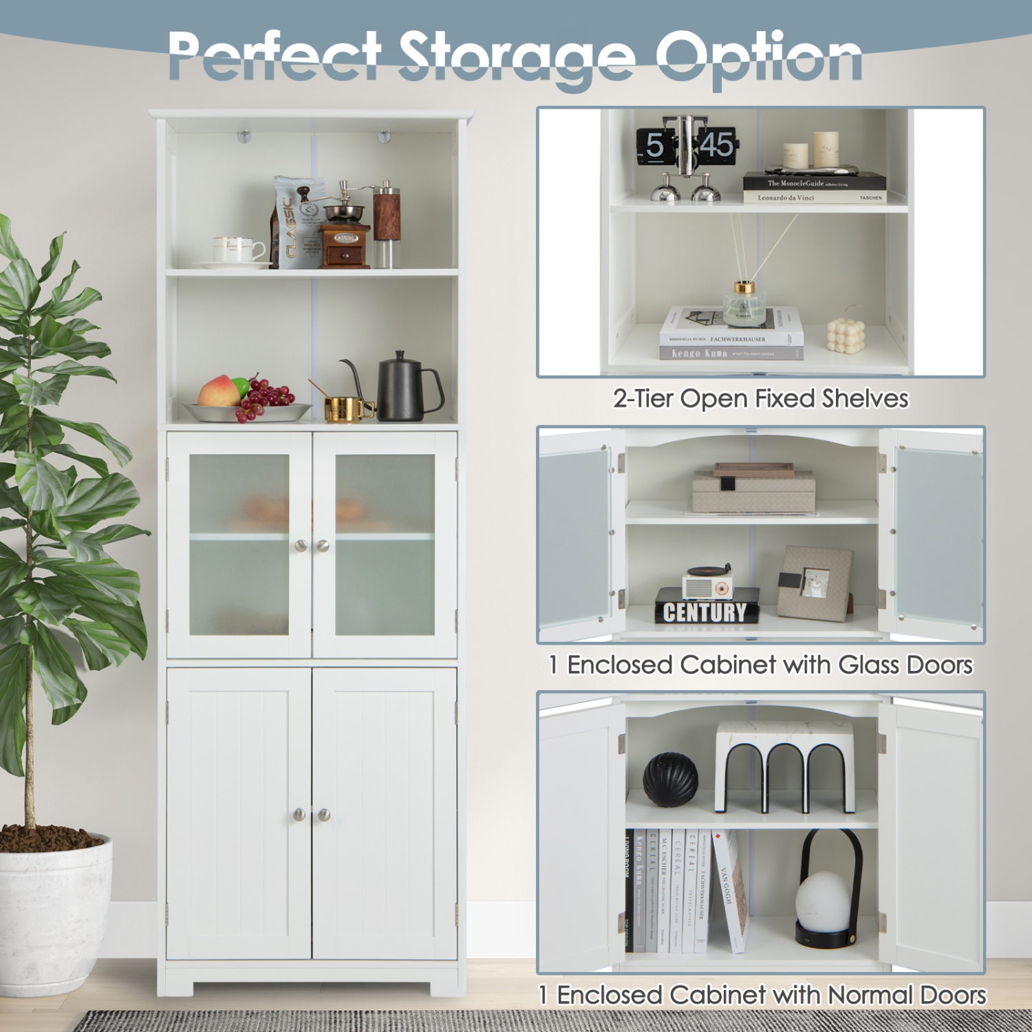 Gymax Bathroom Tall Storage Cabinet Linen Tower w/ Glass Door & Adjustable Shelf