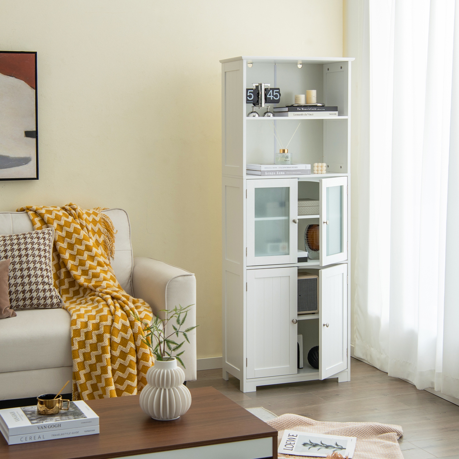 Gymax Bathroom Tall Storage Cabinet Linen Tower w/ Glass Door & Adjustable Shelf