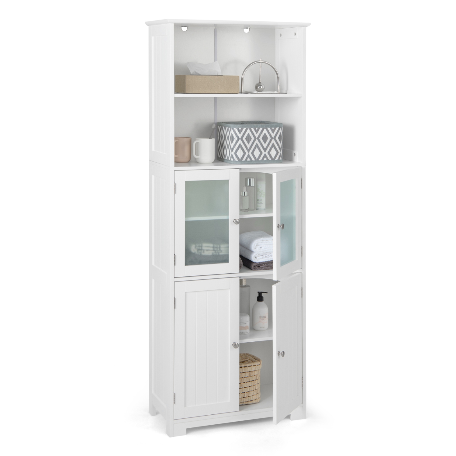 Gymax Bathroom Tall Storage Cabinet Linen Tower w/ Glass Door & Adjustable Shelf