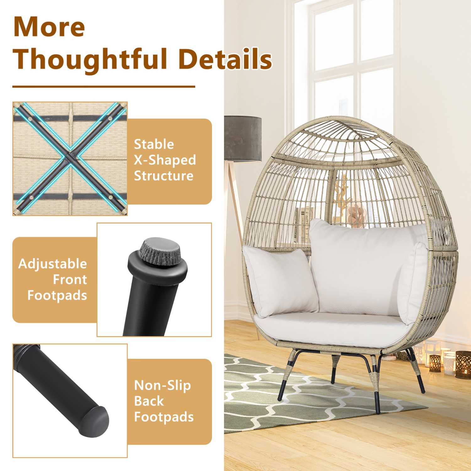 Gymax Patio Rattan Oversized Wicker Egg Chair Stationary Lounge Basket w/ 4 Soft Cushions