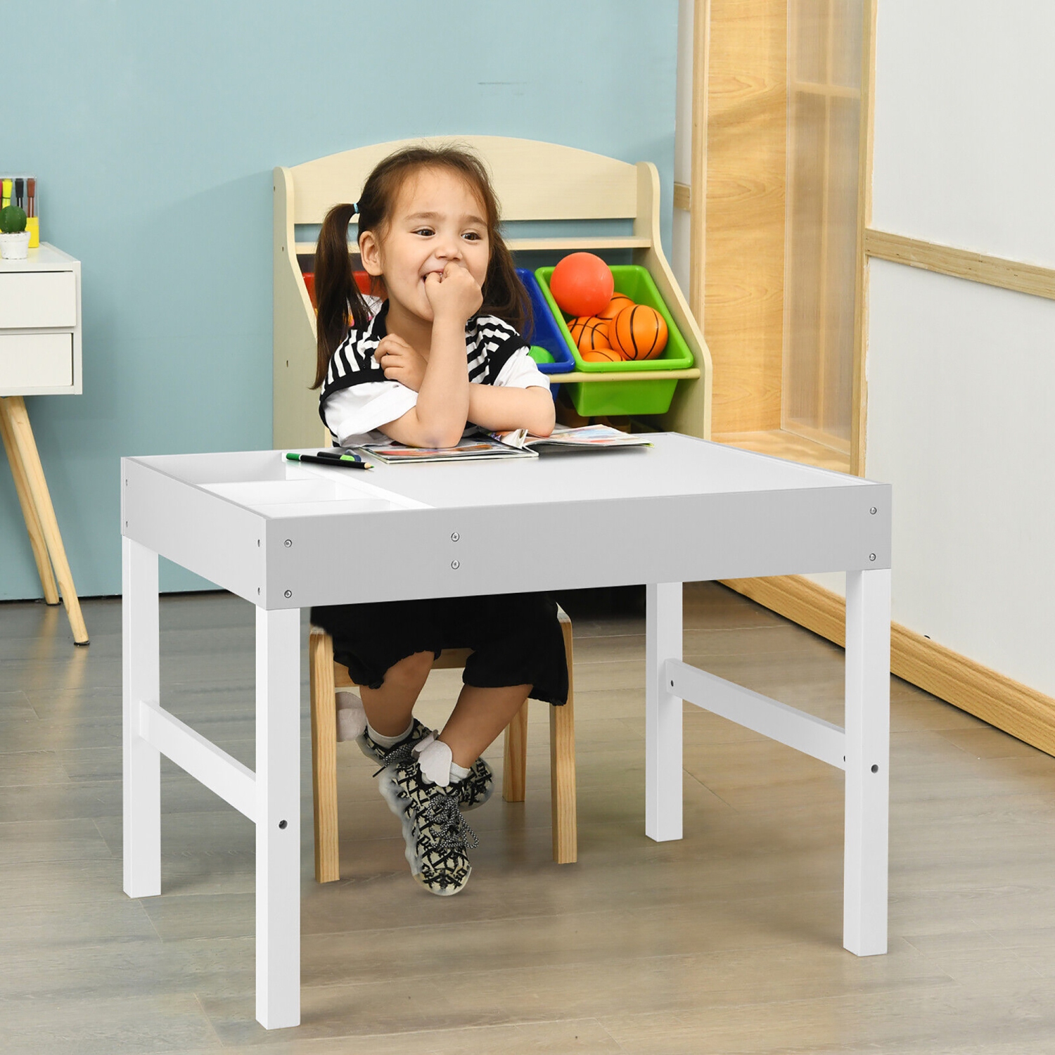 Gymax Kids Multi Activity Play Table 3 in 1 Wooden Building Block Desk w/ Storage Gift