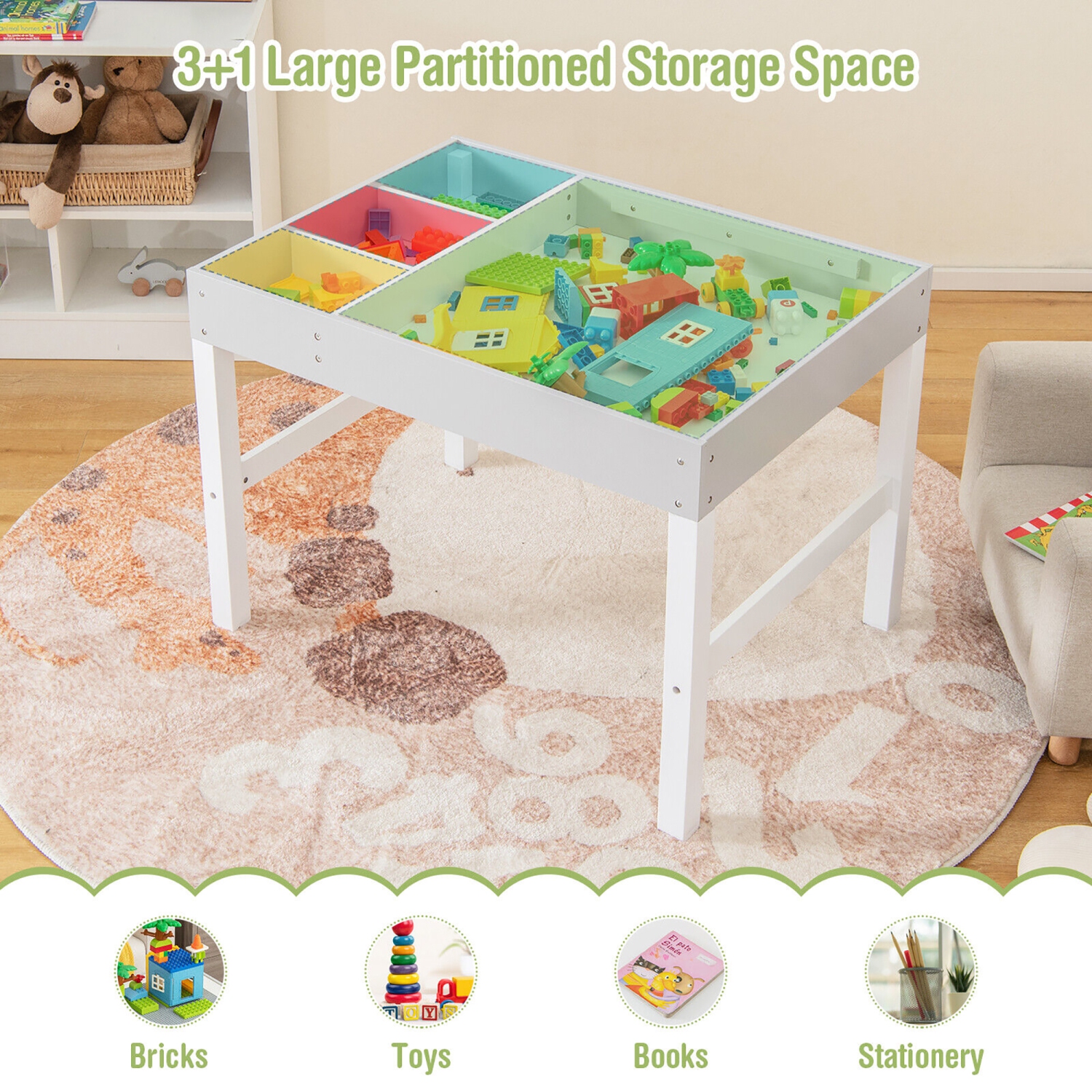 Gymax Kids Multi Activity Play Table 3 in 1 Wooden Building Block Desk w/ Storage Gift