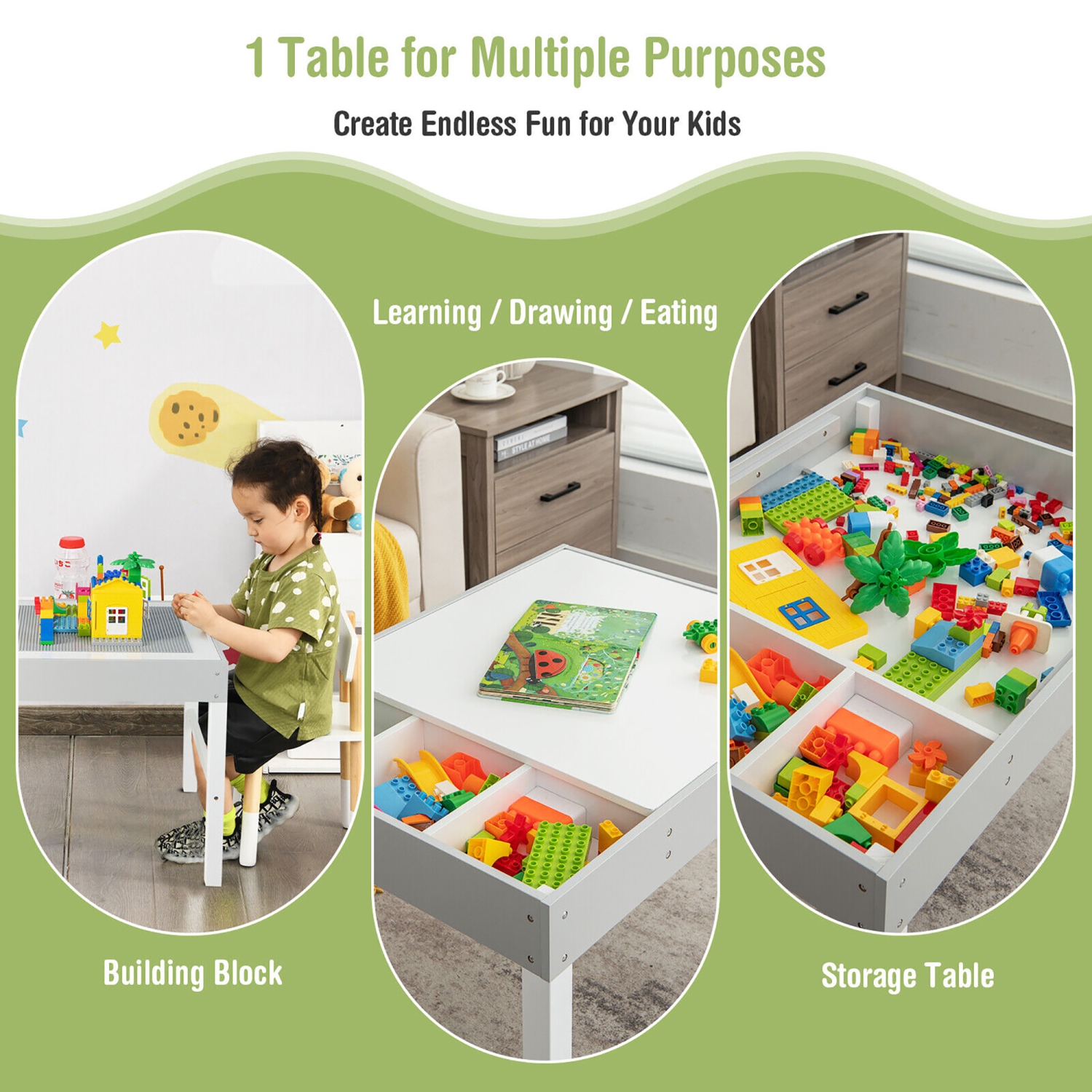 Gymax Kids Multi Activity Play Table 3 in 1 Wooden Building Block Desk w/ Storage Gift