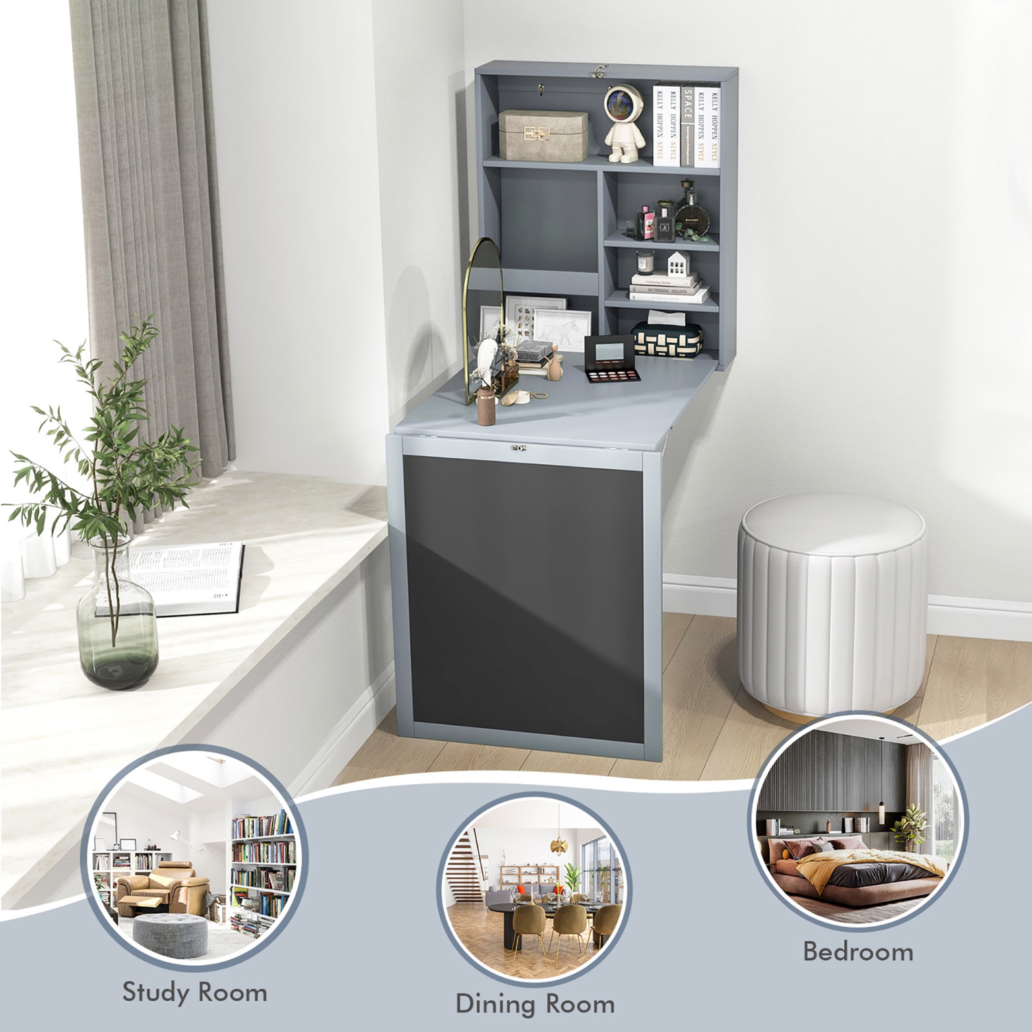 Gymax Wall Mounted Table Fold Out Convertible Desk with A Blackboard/Chalkboard Grey