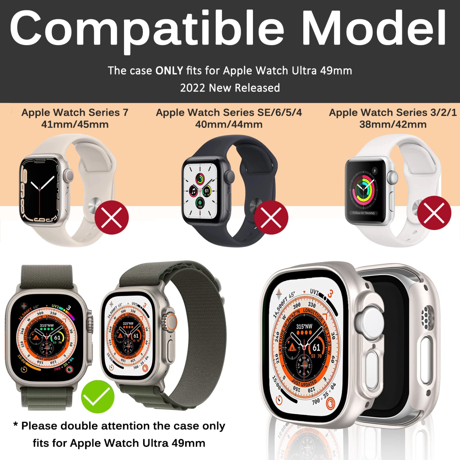 Miimall compatible avec l’étui Apple Watch Ultra 49 mm sans protecteur d’écran, étui protecteur rigide ajusté antichoc tout autour de l’étui pour