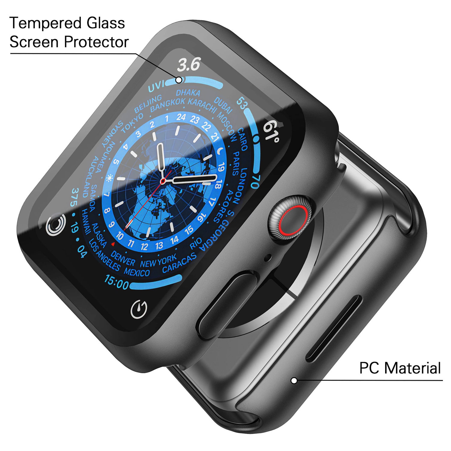 Ensemble de 2 boîtiers rigides noir Langboom compatible avec Apple Watch Series 7 8 de 41 mm avec protecteur d’écran en verre trempé, protecteur