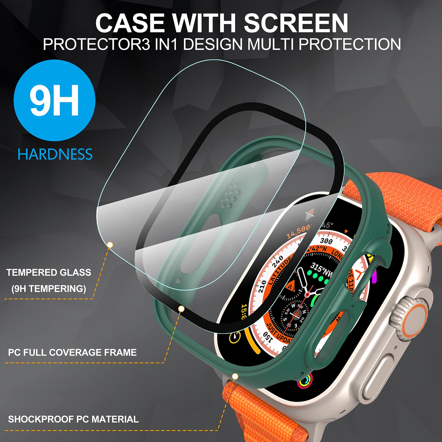 Diruite – Paquet de 2 protecteurs d’écran tout autour pour Apple Watch Ultra de 49 mm PC, étui protecteur d’écran en verre trempé ultramince pour