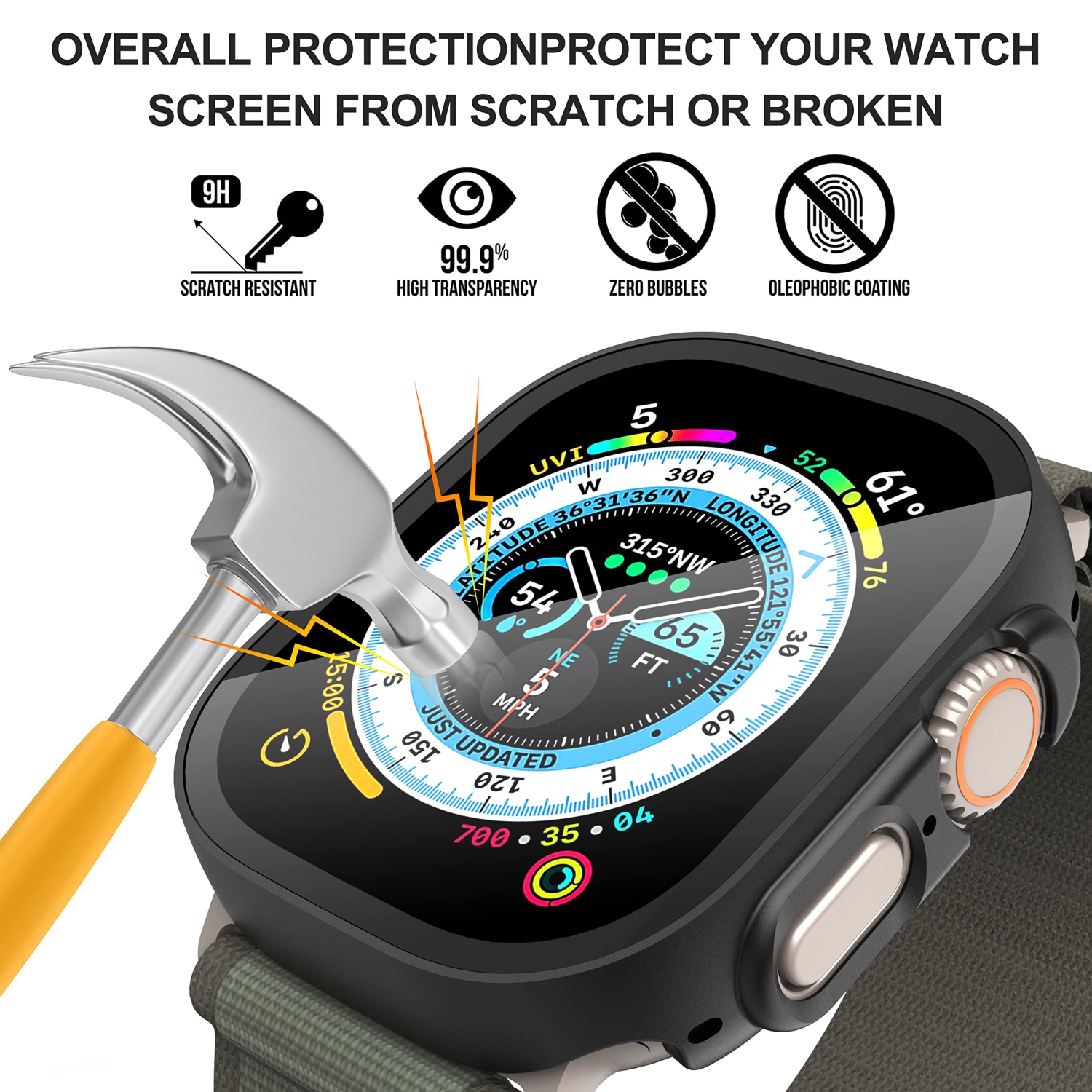 Diruite – Paquet de 2 protecteurs d’écran tout autour pour Apple Watch Ultra de 49 mm PC, étui protecteur d’écran en verre trempé ultramince pour