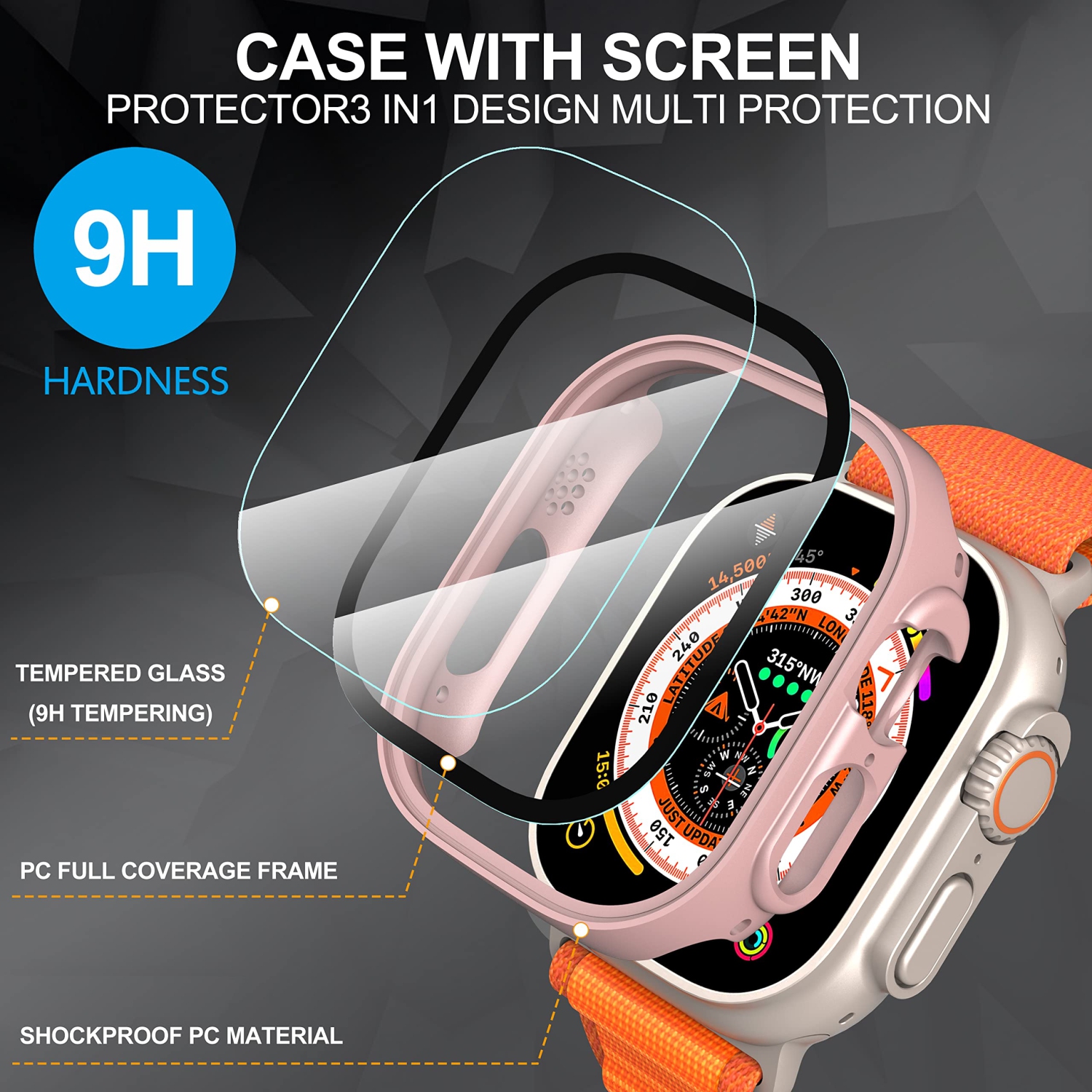 Diruite – Paquet de 2 protecteurs d’écran tout autour pour Apple Watch Ultra de 49 mm PC, étui protecteur d’écran en verre trempé ultramince pour