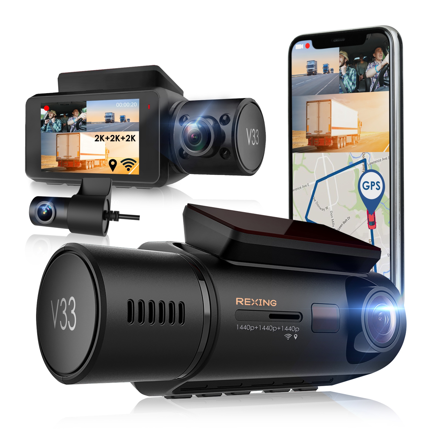 Rexing V33 3 Channel 1440p+1440p+1440p Front, Cabin, and Rear Camera Dashcam with Built-in Wi-Fi & GPS