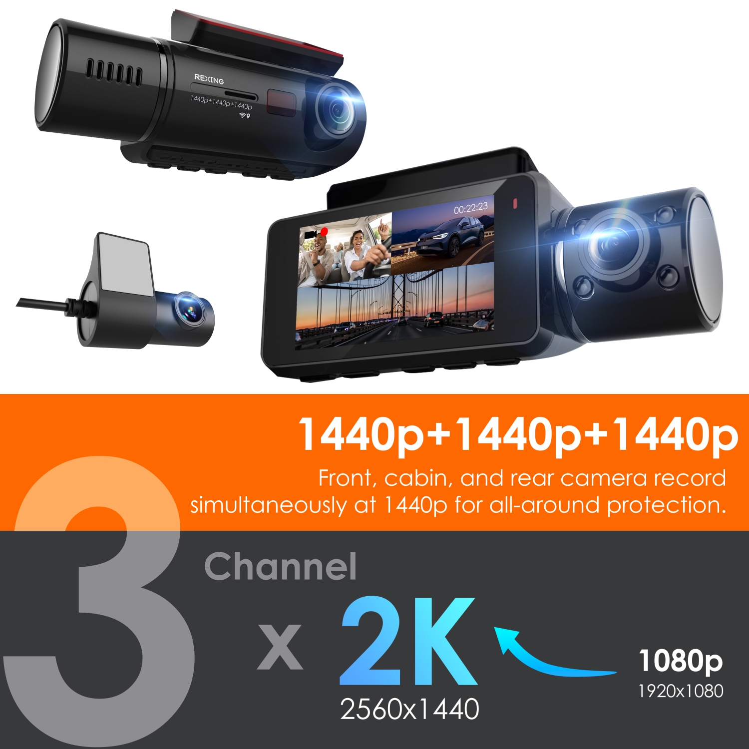 Rexing V33 3 Channel 1440p+1440p+1440p Front, Cabin, and Rear Camera Dashcam with Built-in Wi-Fi & GPS