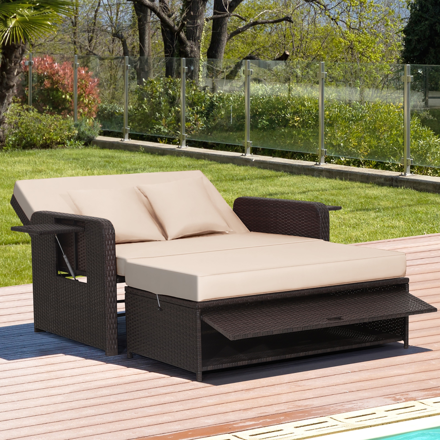 Costway Patio Rattan Daybed Lounge Retractable Top Canopy Side Tables Cushions
