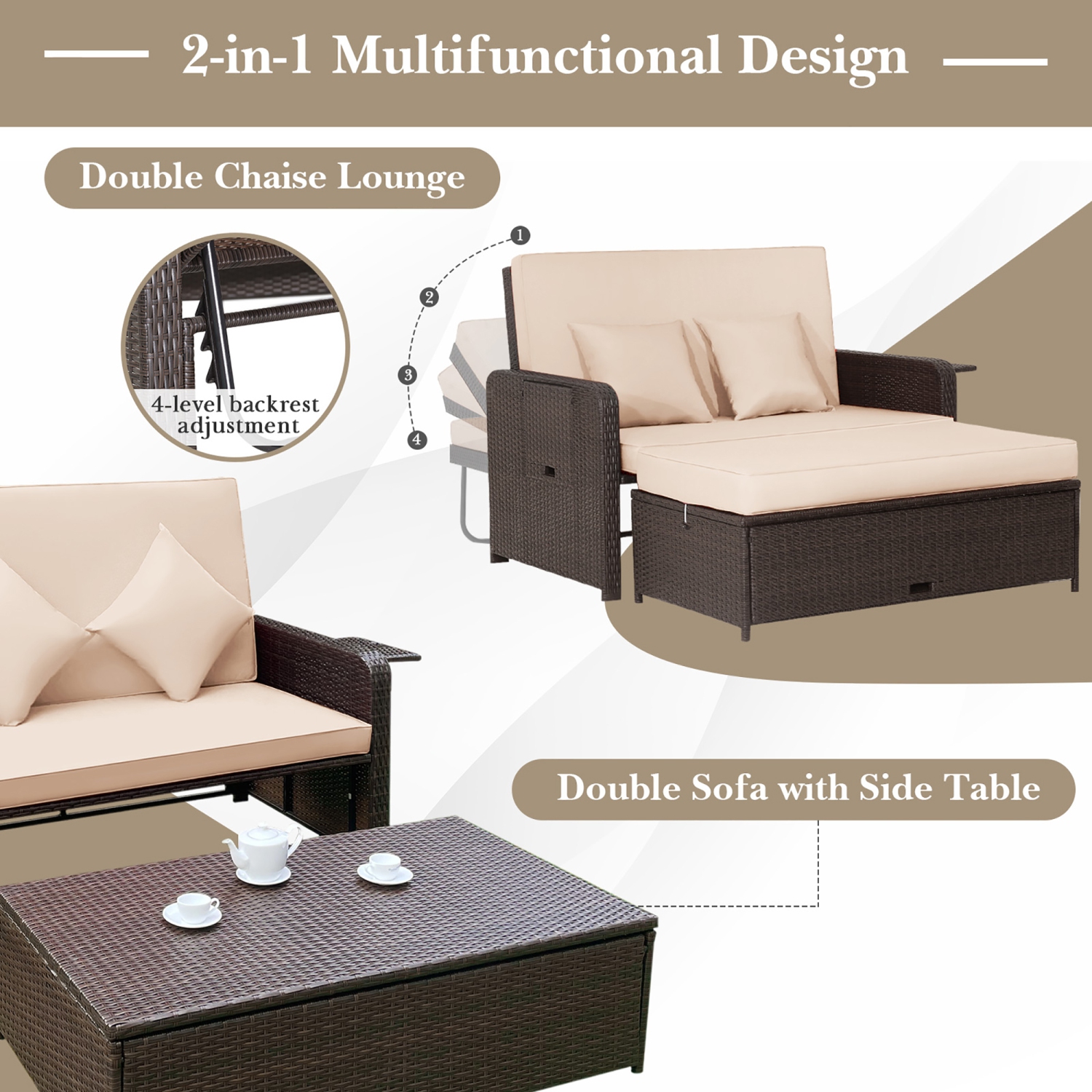 Costway Patio Rattan Daybed Lounge Retractable Top Canopy Side Tables Cushions