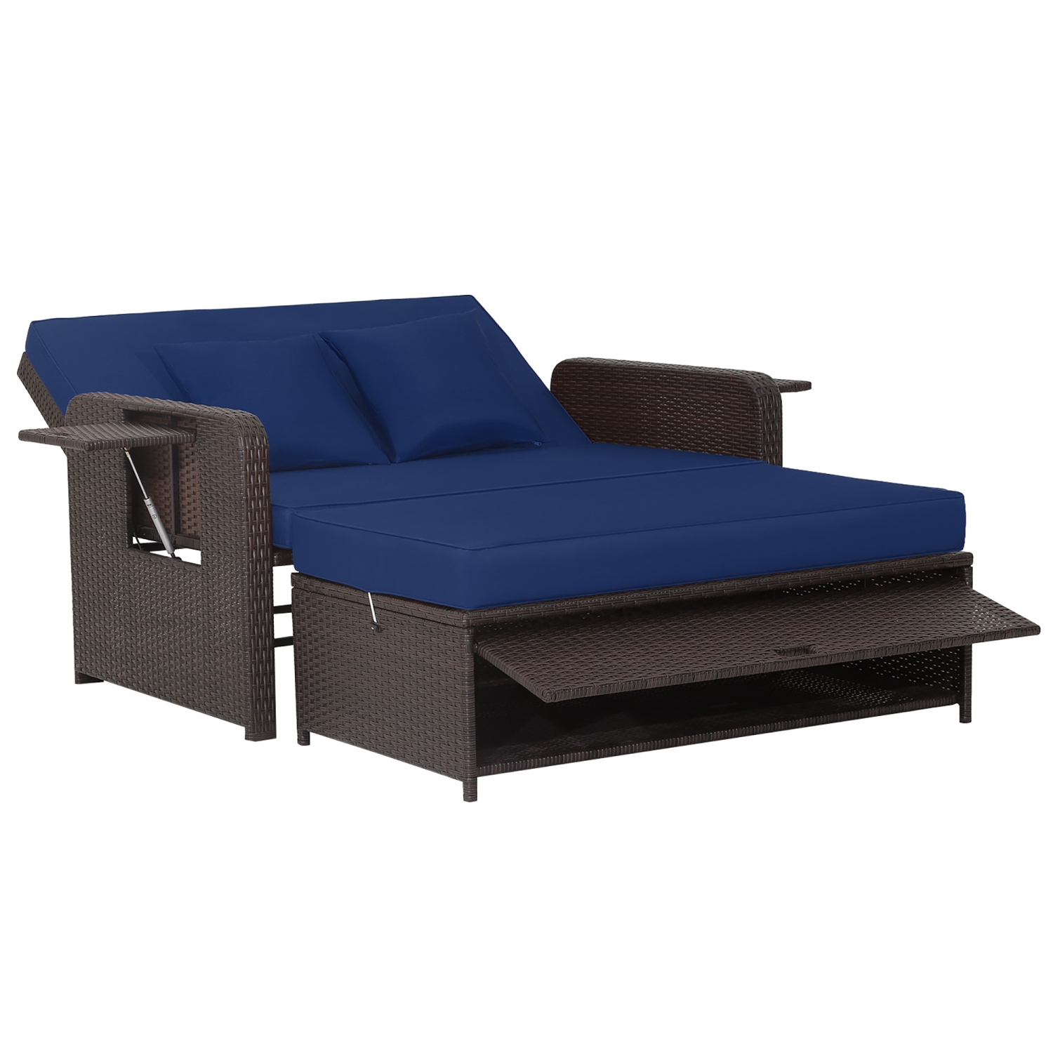 Costway Patio Rattan Daybed Lounge Retractable Top Canopy Side Tables Cushions