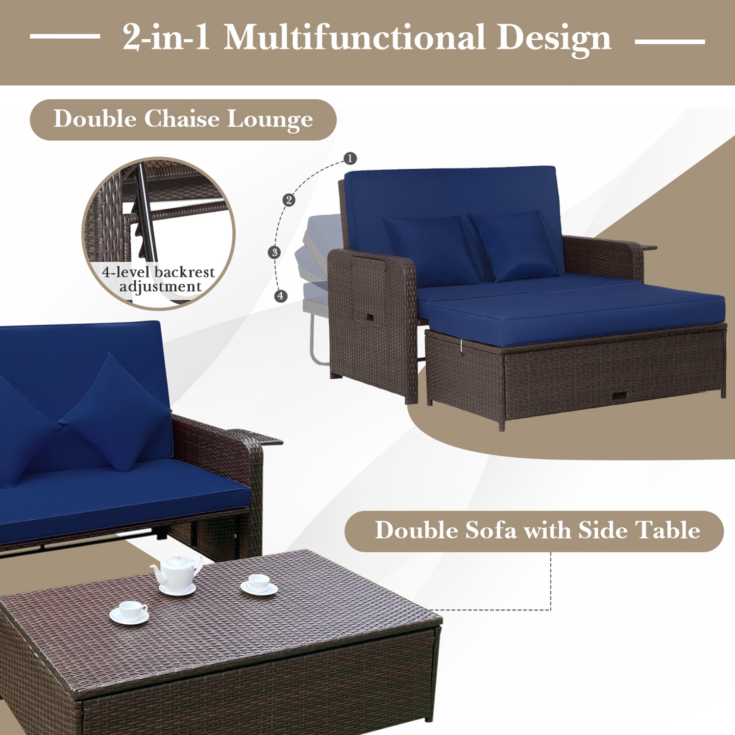Costway Patio Rattan Daybed Lounge Retractable Top Canopy Side Tables Cushions