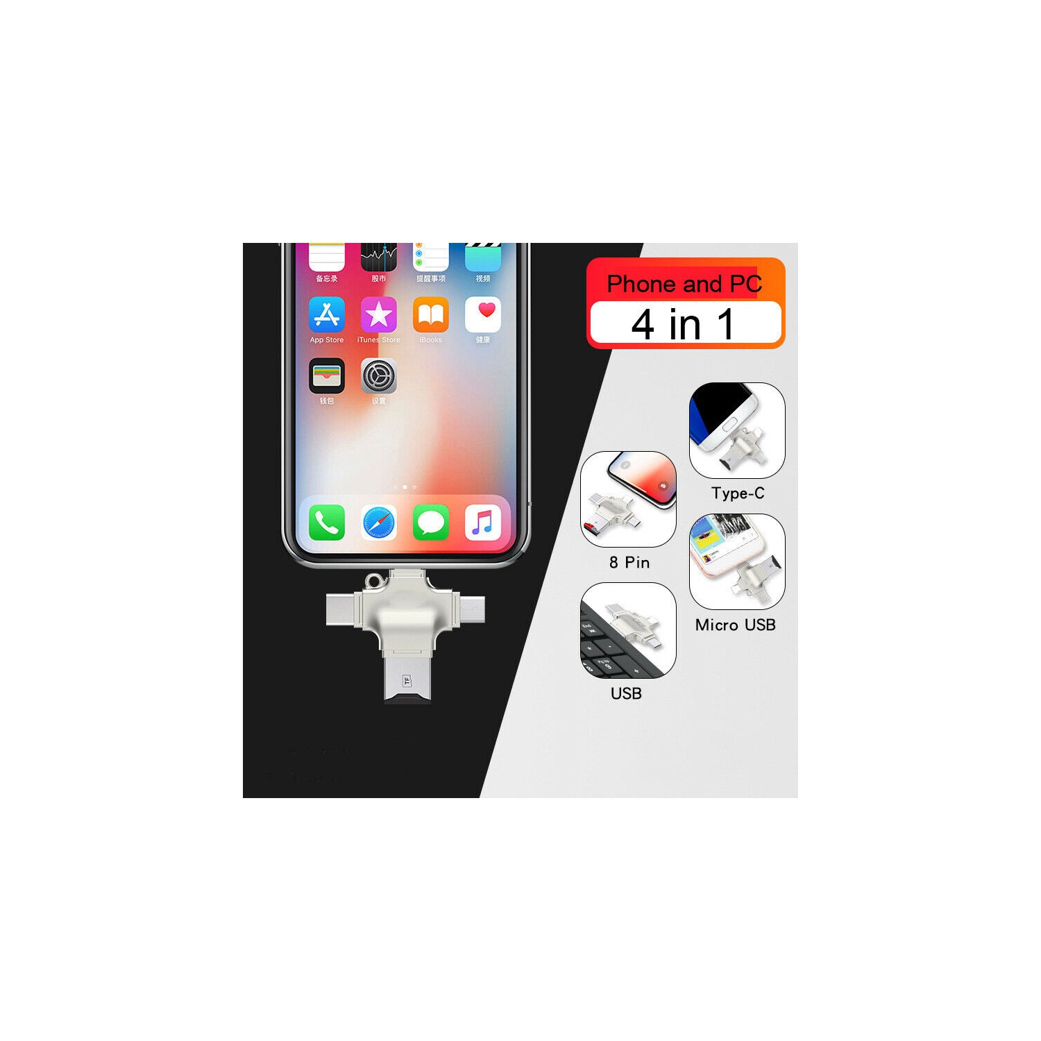 4in1 Multi function Micro SD TF Card Reader with Type USB C Lightning Micro USB OTG HUB Adapter for iPhone Android Windows PC