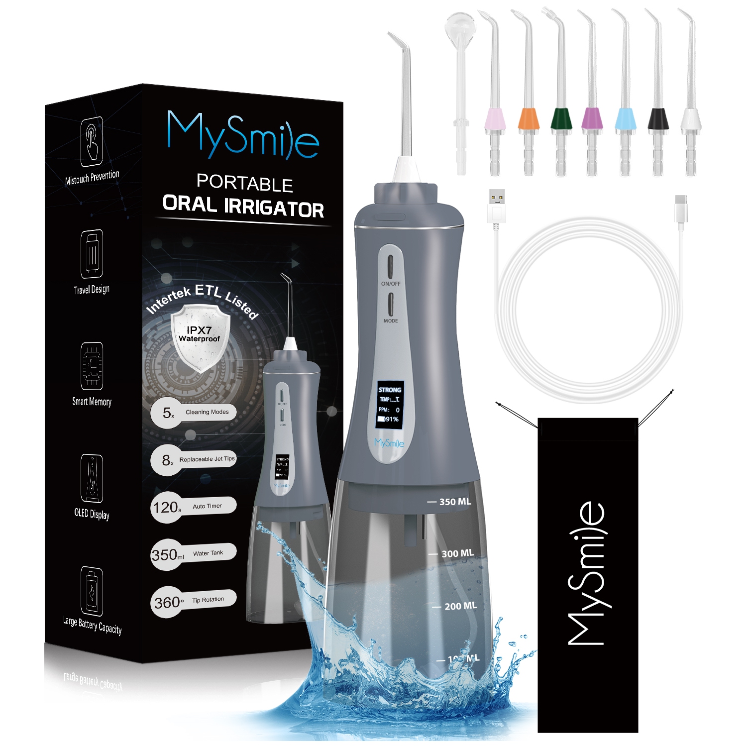 MySmile Powerful Cordless 350ML Water Dental Flosser Portable OLED Display Oral Irrigator with 5 Pressure Modes 8 Replaceable Jet Tips and Storage Bag for Home Travel Use (Gray)