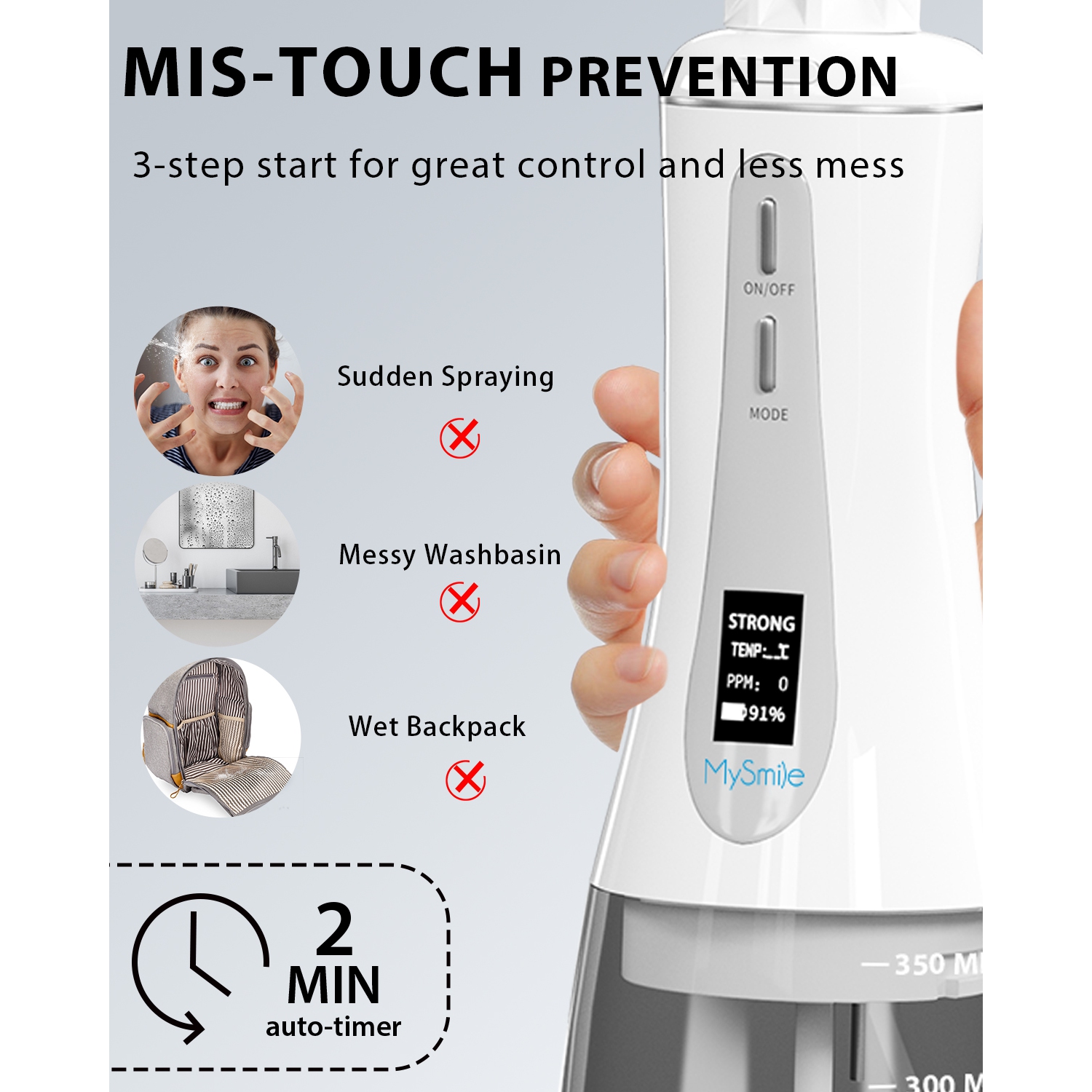 MySmile Powerful Cordless 350ML Water Dental Flosser Portable OLED Display Oral Irrigator with 5 Pressure Modes 8 Replaceable Jet Tips and Storage