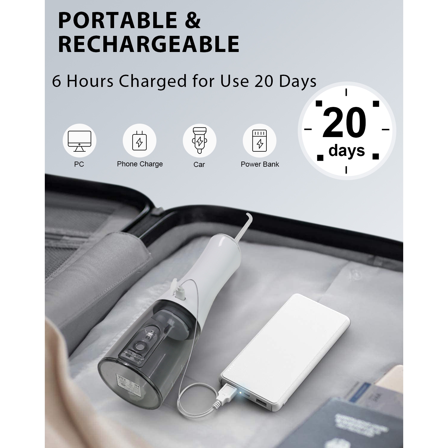 MySmile Powerful Cordless 350ML Water Dental Flosser Portable OLED Display Oral Irrigator with 5 Pressure Modes 8 Replaceable Jet Tips and Storage