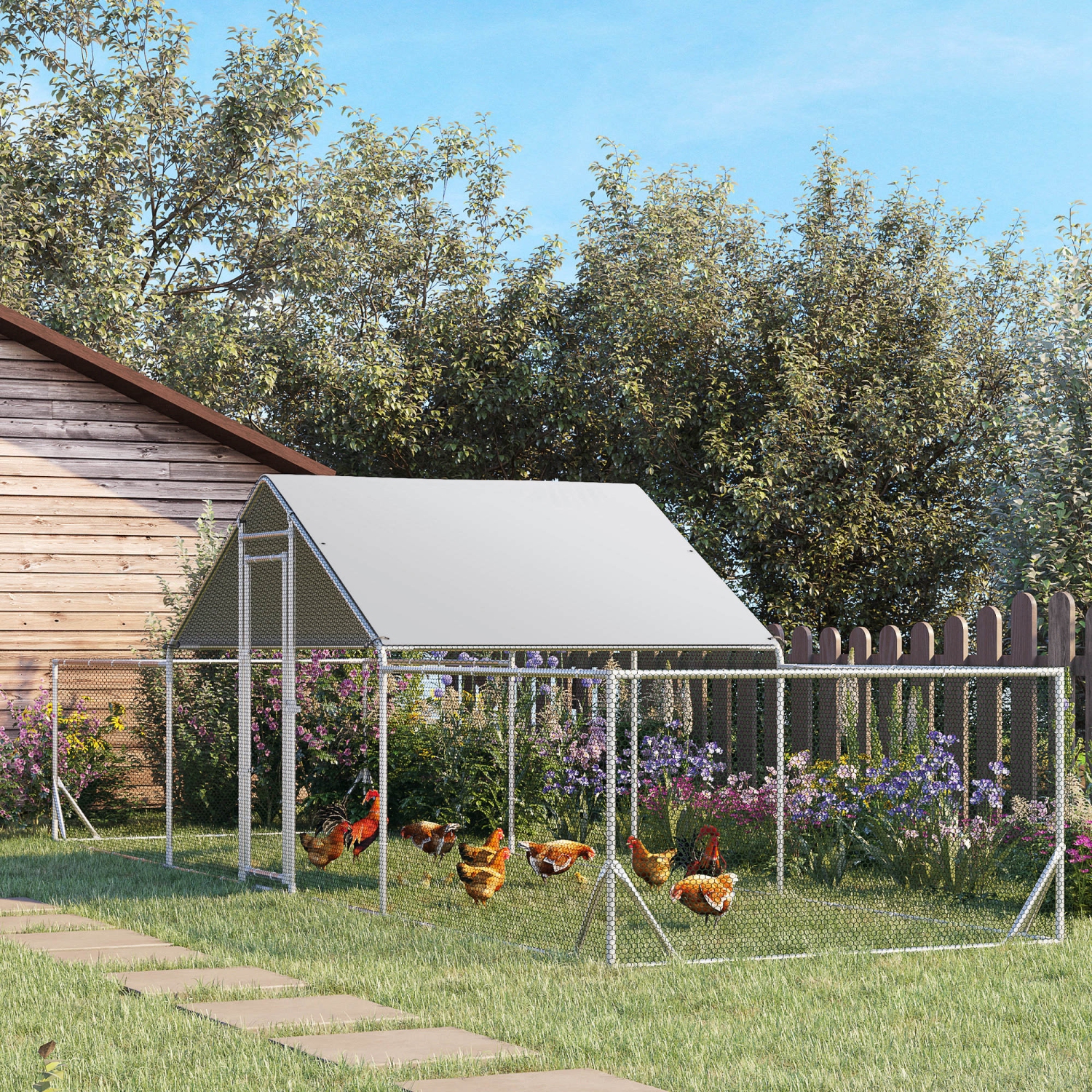 PawHut Chicken Run, 23' x 6.6' Metal Chicken Coop with Waterproof and Anti-UV Cover, Spire Roof, Door, for 12-14 Chickens, Ducks, Rabbits, Sliver