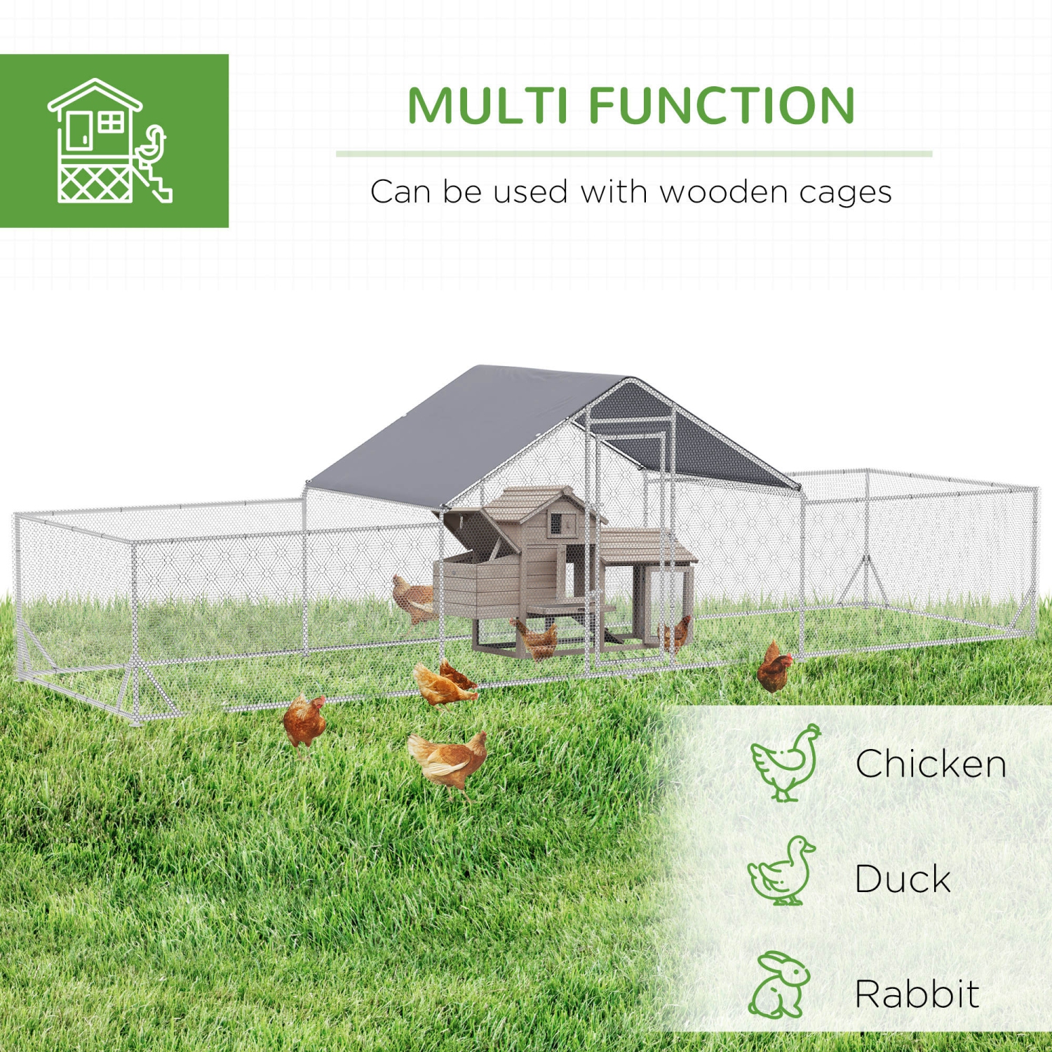 PawHut Chicken Run, 23' x 6.6' Metal Chicken Coop with Waterproof and Anti-UV Cover, Spire Roof, Door, for 12-14 Chickens, Ducks, Rabbits, Sliver