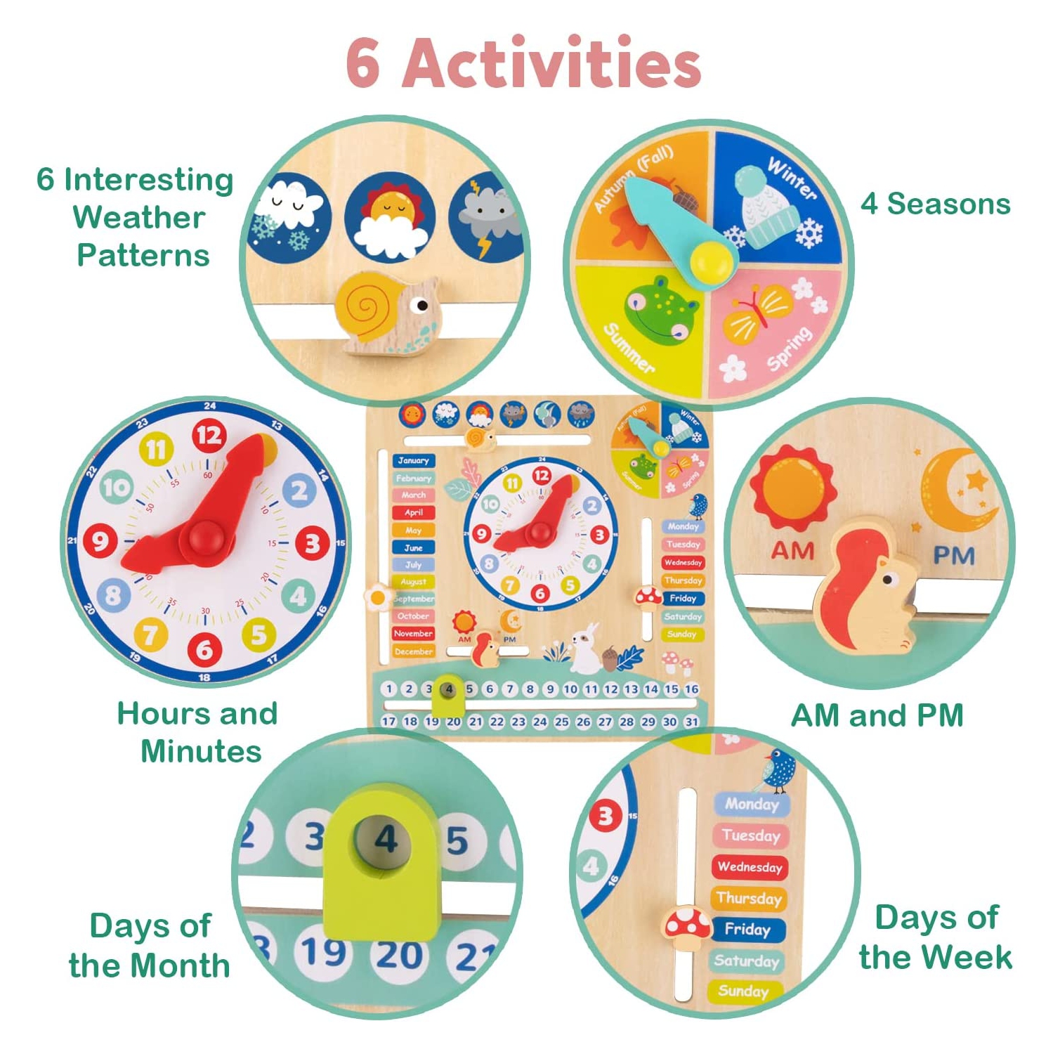 TOOKYLAND Calendar and Clock Toy - Wooden Montessori Board for Learning Days, Dates, Time, Seasons and Weather, for Kids 3 Years +