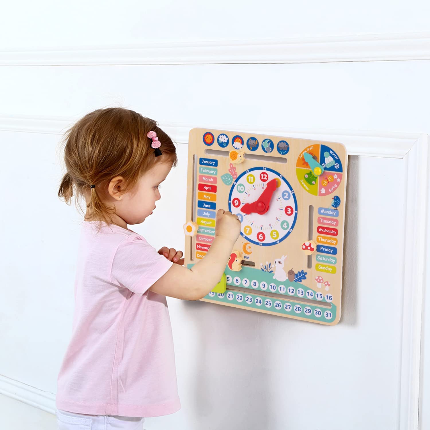 TOOKYLAND Calendar and Clock Toy - Wooden Montessori Board for Learning Days, Dates, Time, Seasons and Weather, for Kids 3 Years +