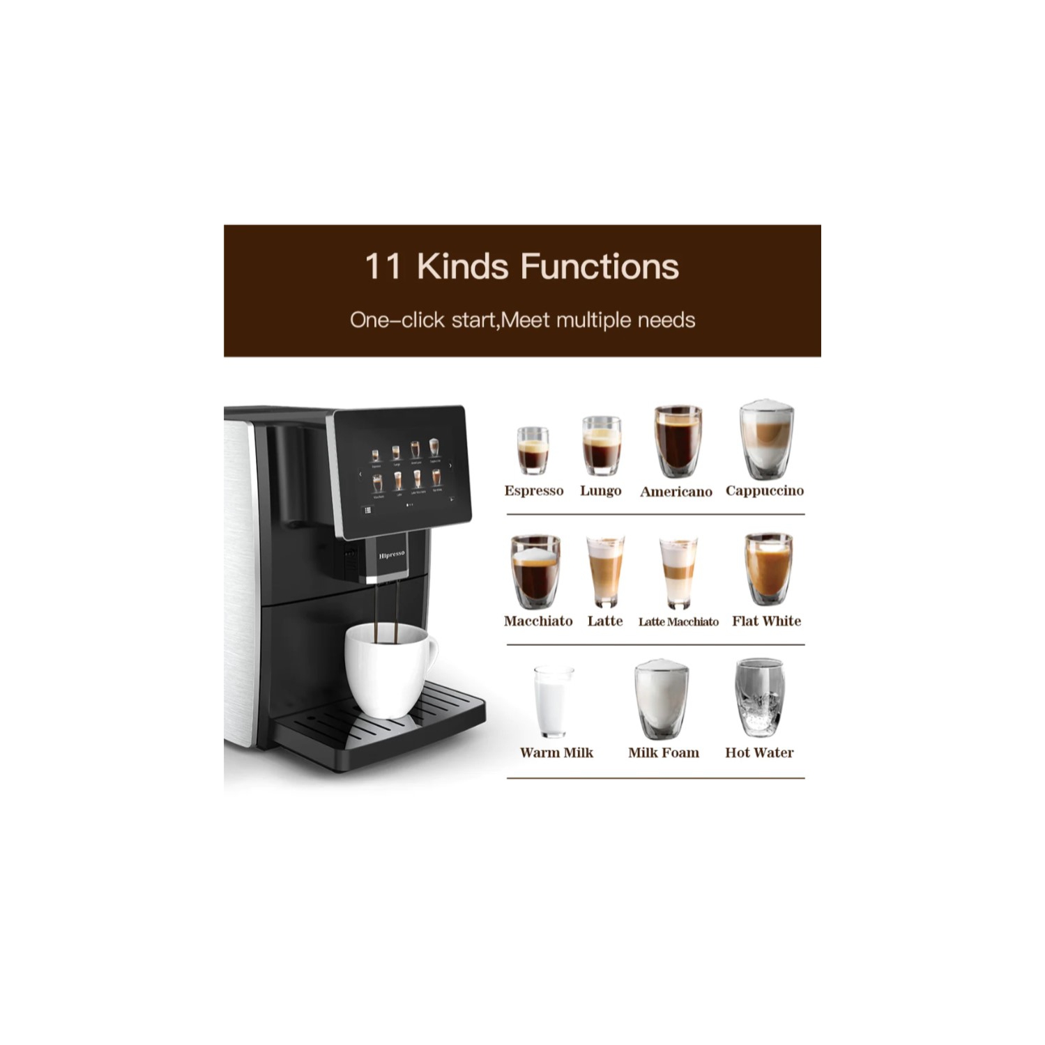Hipresso Machine à café expresso super automatique avec grand écran HD TFT de 7" pour infuser cappuccino, latte, macchiato, blanc plat, boissons