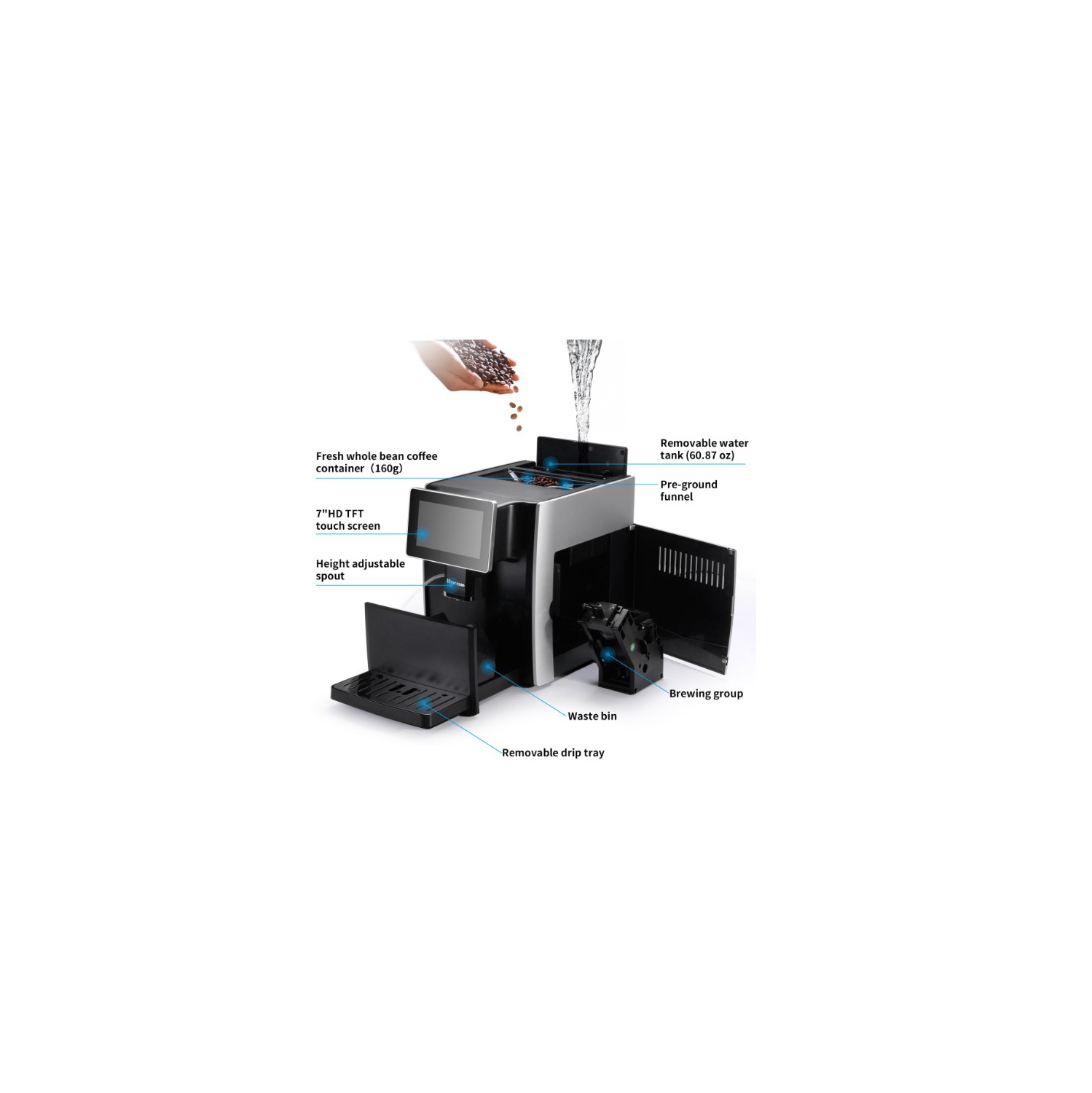 Hipresso Machine à café expresso super automatique avec grand écran HD TFT de 7" pour infuser cappuccino, latte, macchiato, blanc plat, boissons