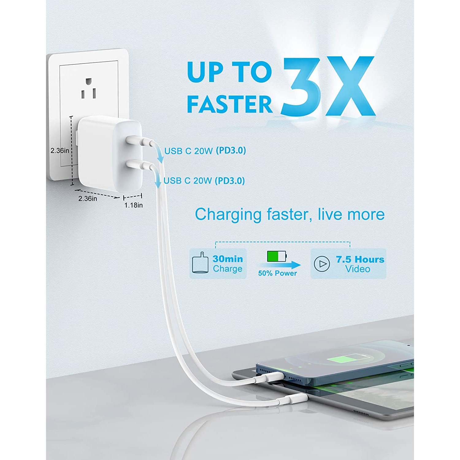 [CSmart] Chargeur mural rapide USB double C PD de 3,0 W de 35&nbsp;W + câble USB-C et Lightning pour iPhone 15 iPad de Samsung