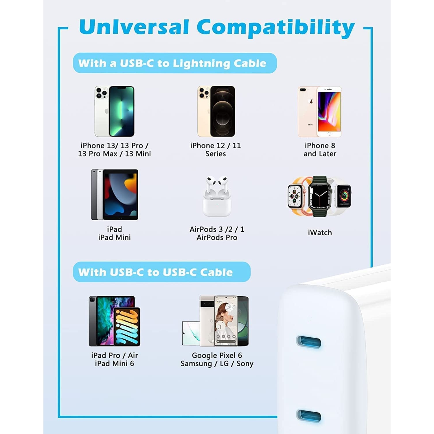 [CSmart] Chargeur mural rapide USB double C PD de 3,0 W de 35&nbsp;W + câble USB-C et Lightning pour iPhone 15 iPad de Samsung