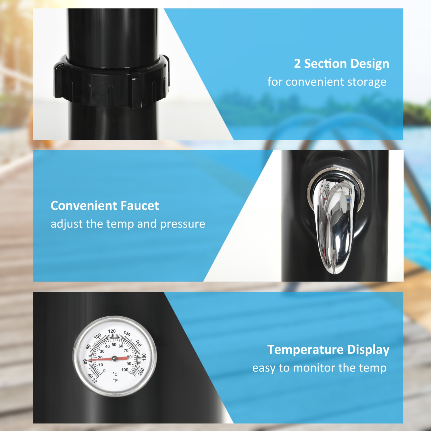 Outsunny 7.3FT 5.3 Gallon Solar Heated Shower, 2-Section Outdoor Shower with Shower Head, Foot Shower, Temperature Display for Backyard, Poolside,