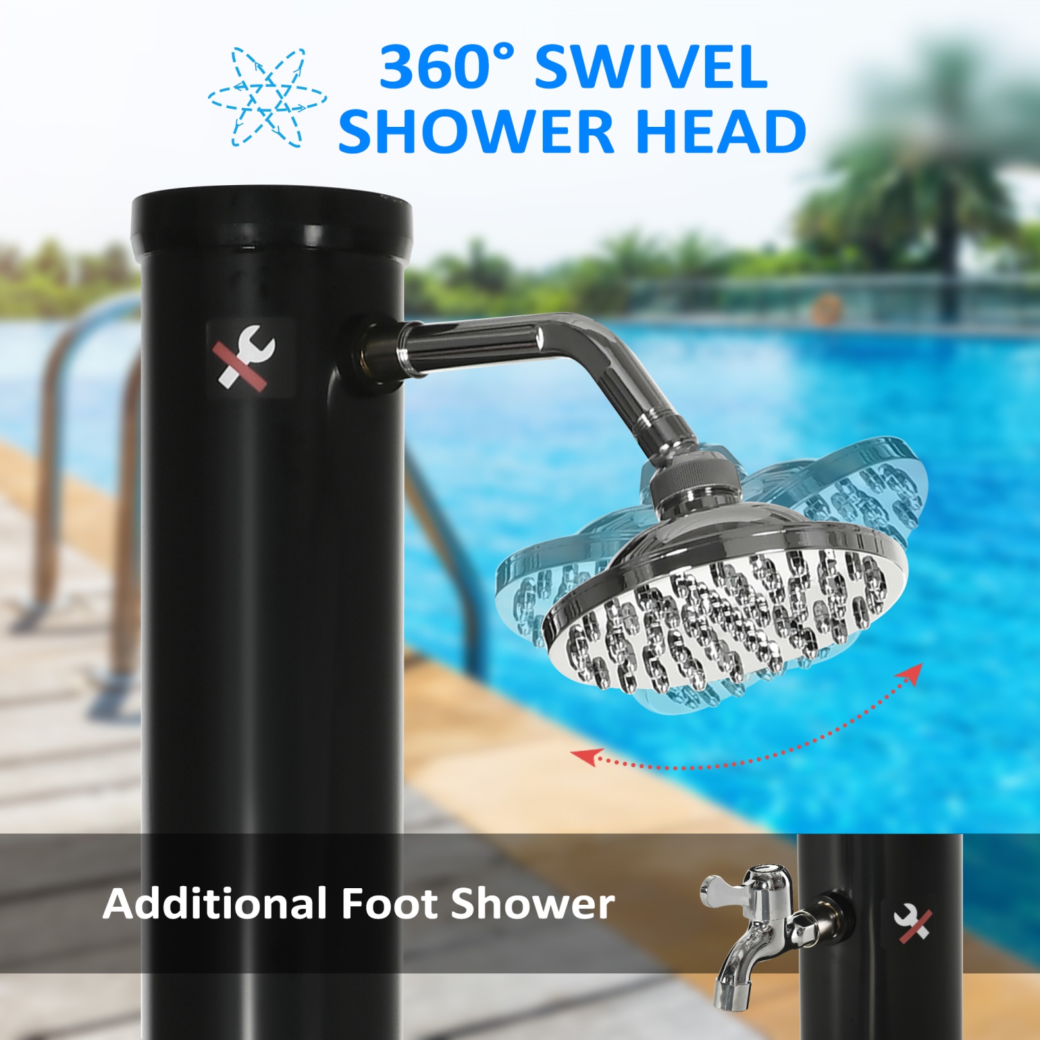 Outsunny 7.3FT 5.3 Gallon Solar Heated Shower, 2-Section Outdoor Shower  with Shower Head, Foot Shower, Temperature Display for Backyard, Poolside,  Spa, Beach, Black