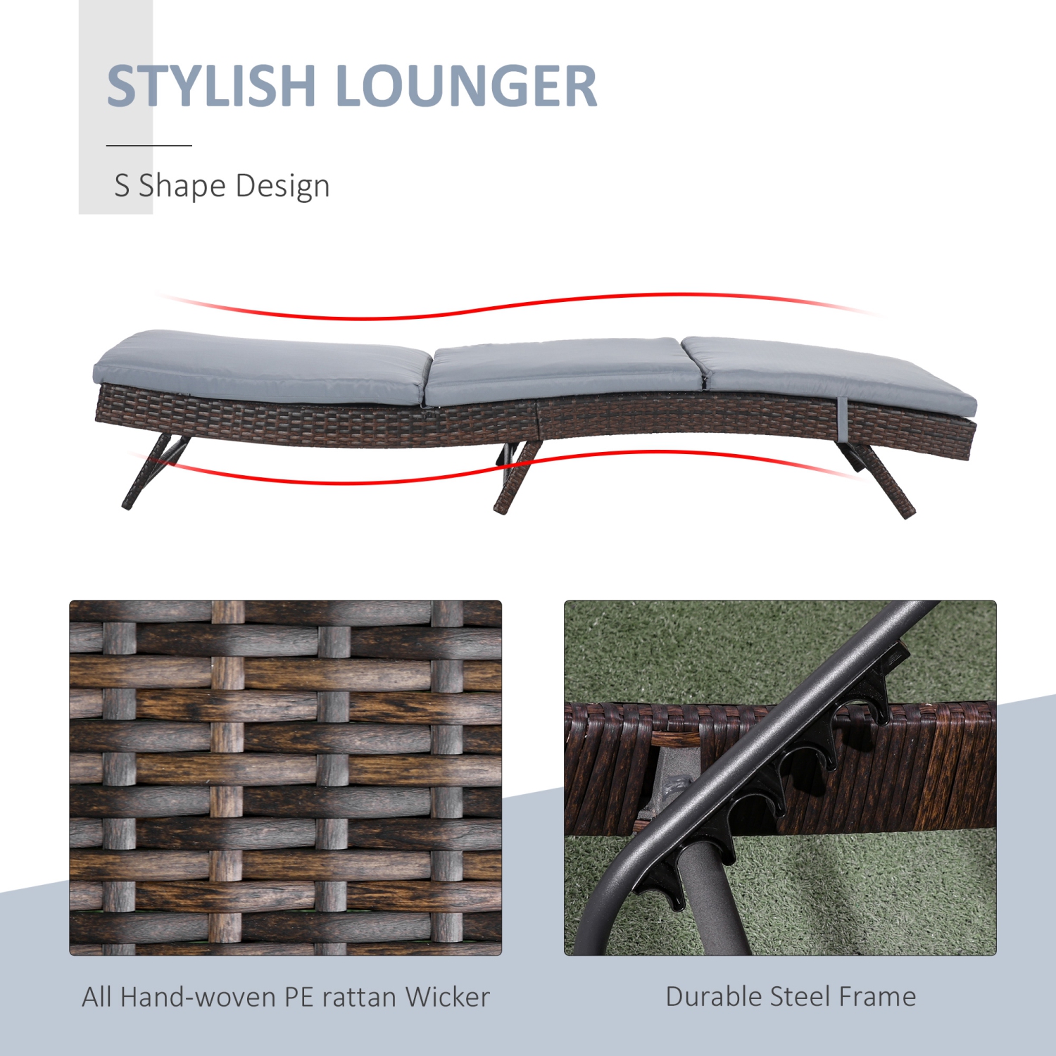 Chaise longue de patio en osier Outsunny, chaise longue extérieure en forme de S avec dossier réglable à 5 niveaux, coussin rembourré doux pour une