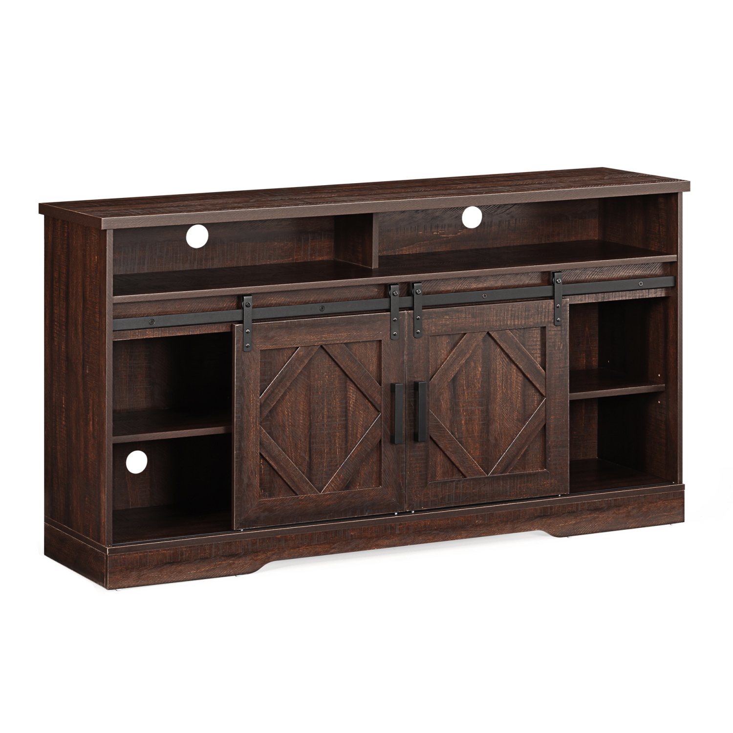 Meuble pour téléviseur jusqu’à 65 po avec foyer électrique, centre de divertissement en bois à DEL jaune avec armoire de rangement, porte de grange