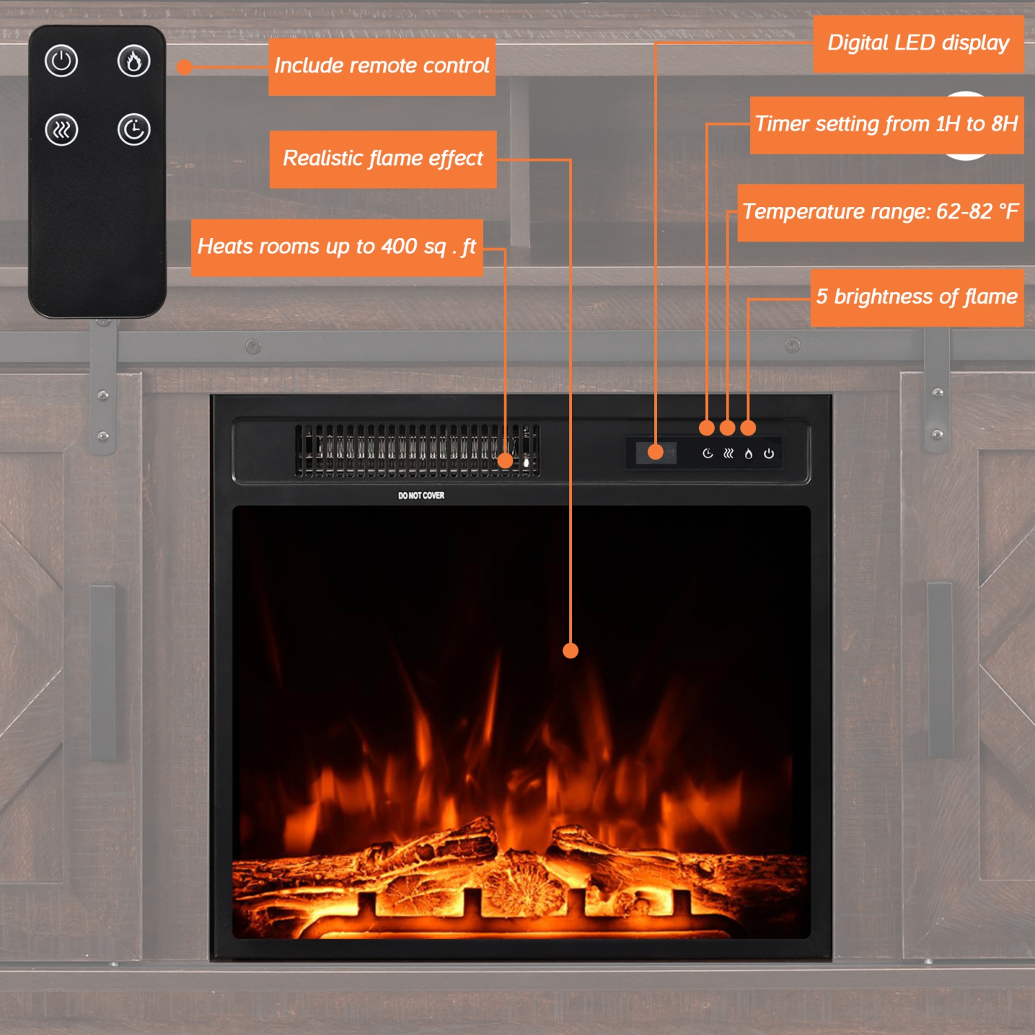 Meuble pour téléviseur jusqu’à 65 po avec foyer électrique, centre de divertissement en bois à DEL jaune avec armoire de rangement, porte de grange