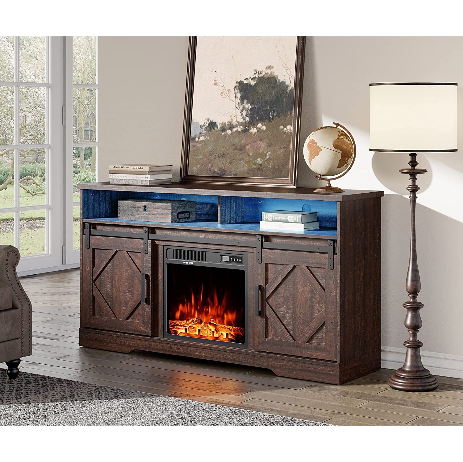 Wampat Fireplace TV Stand for TVs Up to 65 Inch, Electric Fireplace TV Console, LED Wood Entertainment Center with Storage Cabinet, Sliding Barn