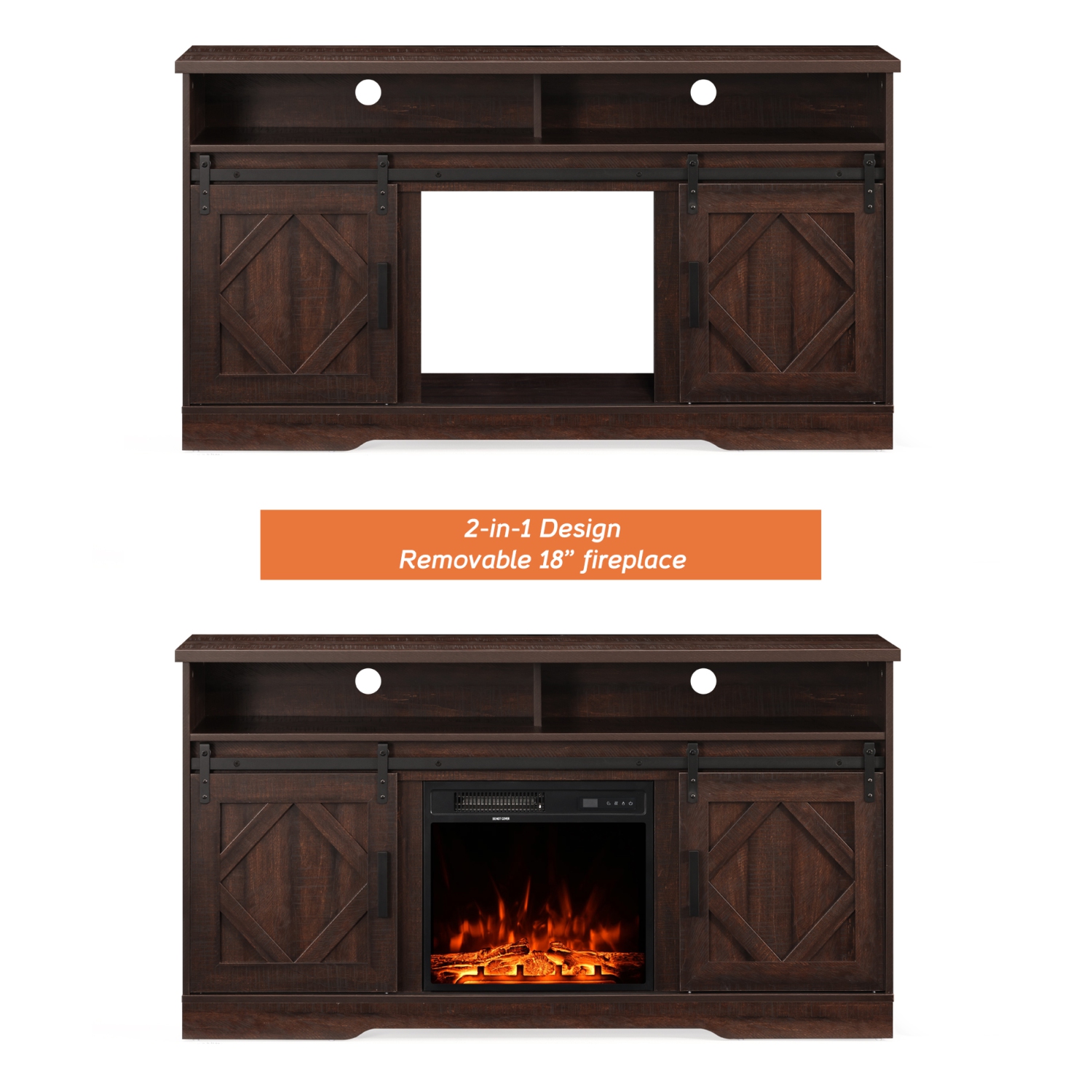 Wampat Fireplace TV Stand for TVs Up to 65 Inch, Electric Fireplace TV Console, LED Wood Entertainment Center with Storage Cabinet, Sliding Barn