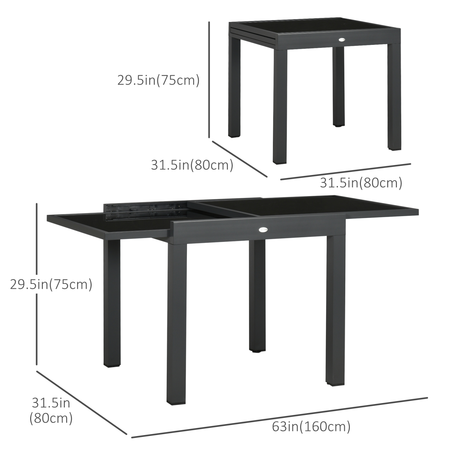 Outsunny 63" Extendable Outdoor Dining Table Patio Table with Aluminum Frame and Tempered Glass Tabletop, Black
