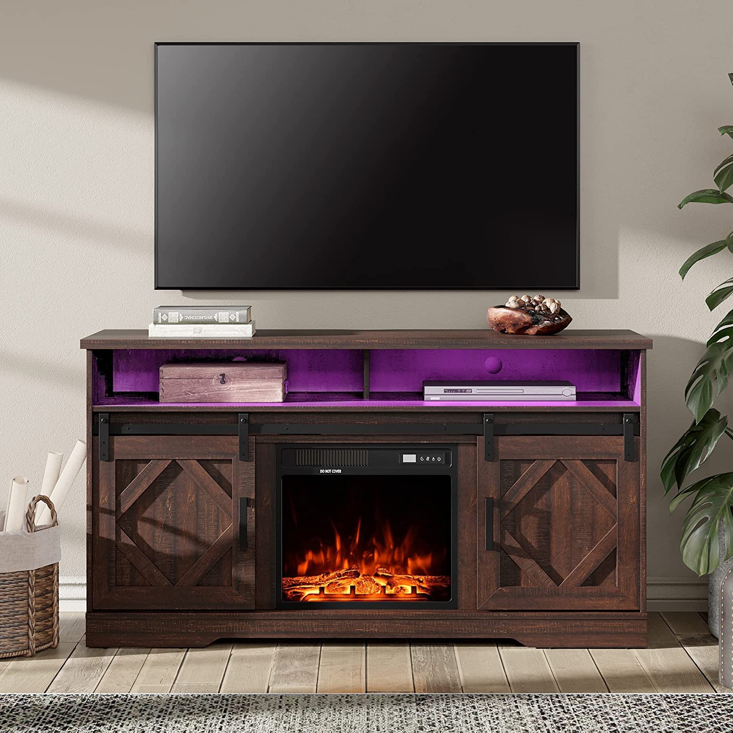 Wampat Fireplace TV Stand for TVs Up to 65 Inch,16 Colors LED Wood Entertainment Center with Storage Cabinet,Sliding Barn Door,2 Heating Mode,5