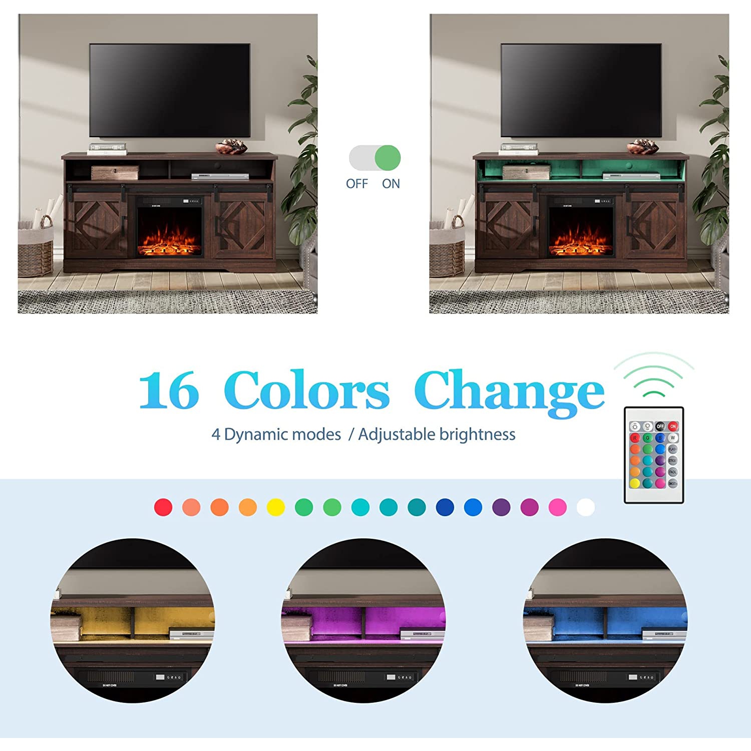 Wampat Fireplace TV Stand for TVs Up to 65 Inch,16 Colors LED Wood Entertainment Center with Storage Cabinet,Sliding Barn Door,2 Heating Mode,5